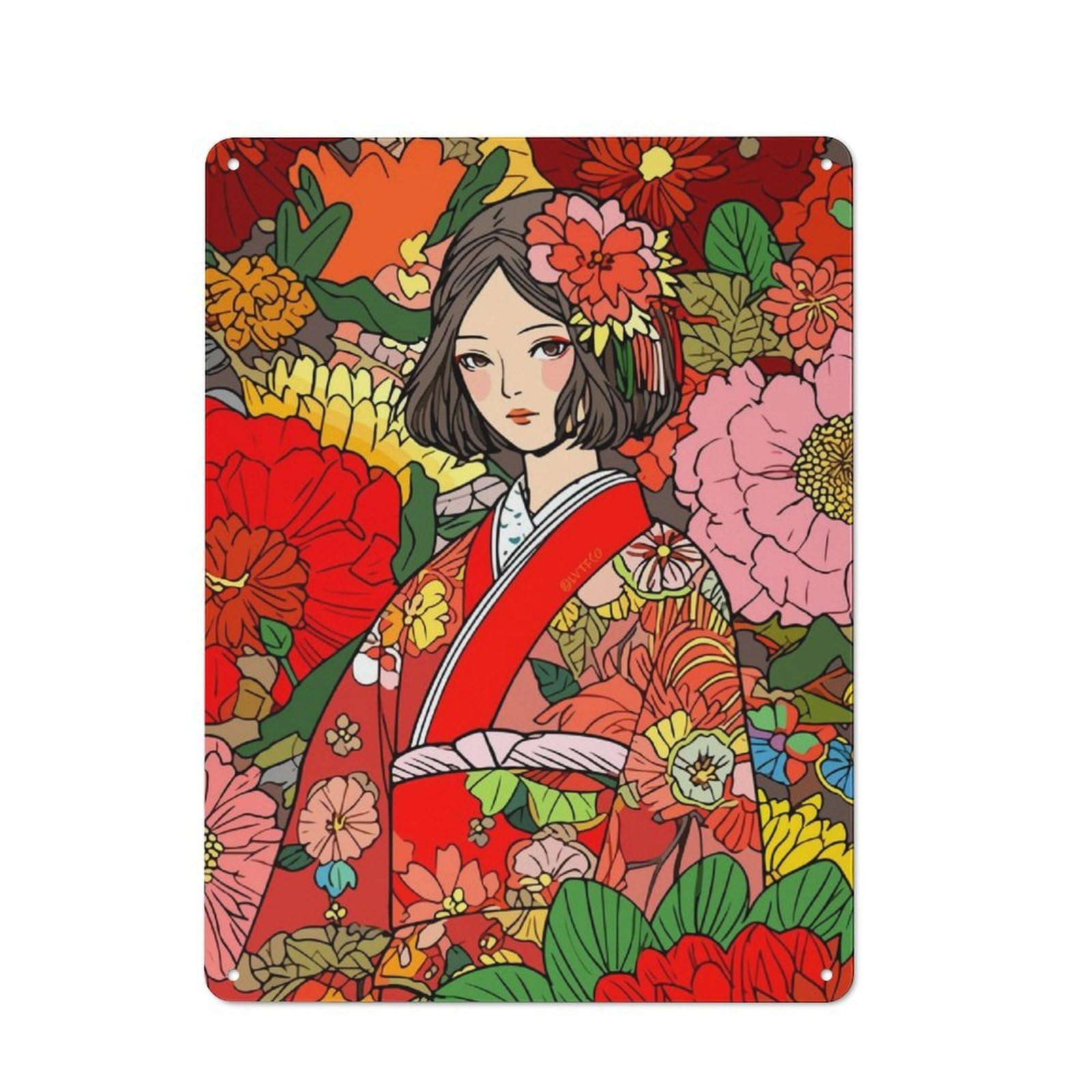 Junmoney Girls Japan Kimono Flowers For Garden Room Or Summerhouse, Vintage Tin Sign 40X30cm, A Metal Wall Feature For Garden Rooms And Summerhouses