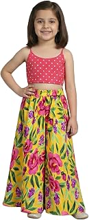 SHAHUDI DESIGNER Girls Ethnic Wear Set, Pink Polka Dot Crop Top with Yellow Floral Palazzo Pants, Traditional Indian Outfit Price In India
