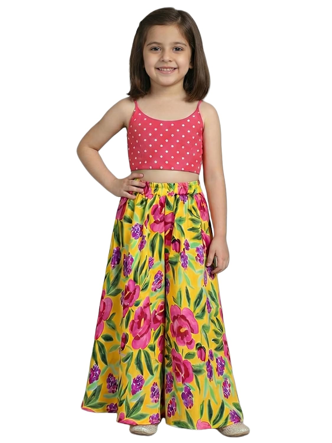 SHAHUDI DESIGNER Girls Ethnic Wear Set, Pink Polka Dot Crop Top with Yellow Floral Palazzo Pants, Traditional Indian Outfit - Review, Price and Buying Guide