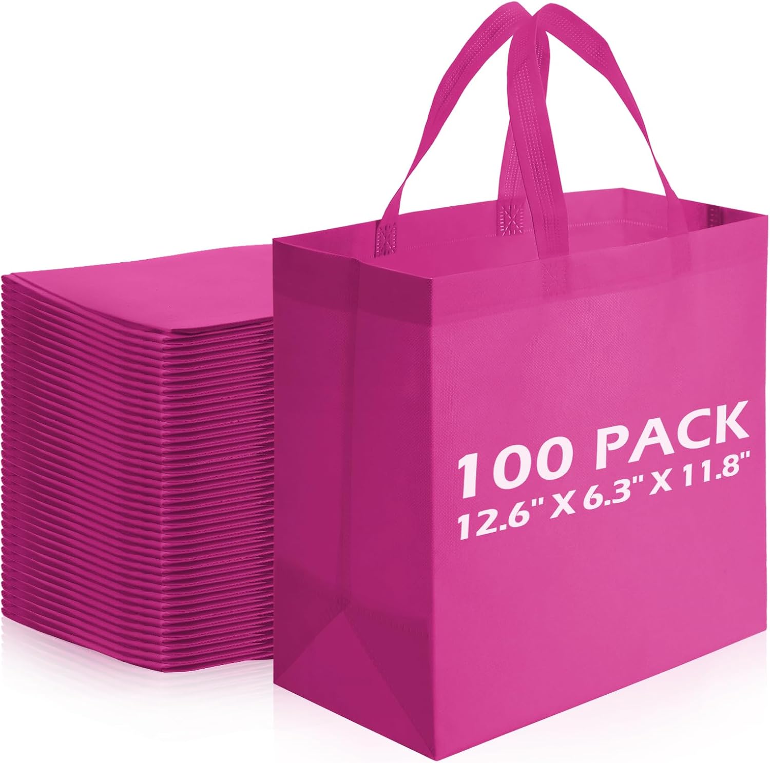 Reginary 100 PCS Reusable Totes Bags - Non Woven Grocery Handle Bags for Shop Events & Retail Store(Rose Pink)