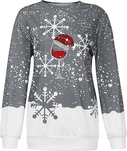 Miniatura 3 de SNKSDGM Sudadera casual con cuello redondo para mujer, diseño de copos de nieve, con estampado de alce y copos de nieve, de manga larga, sin