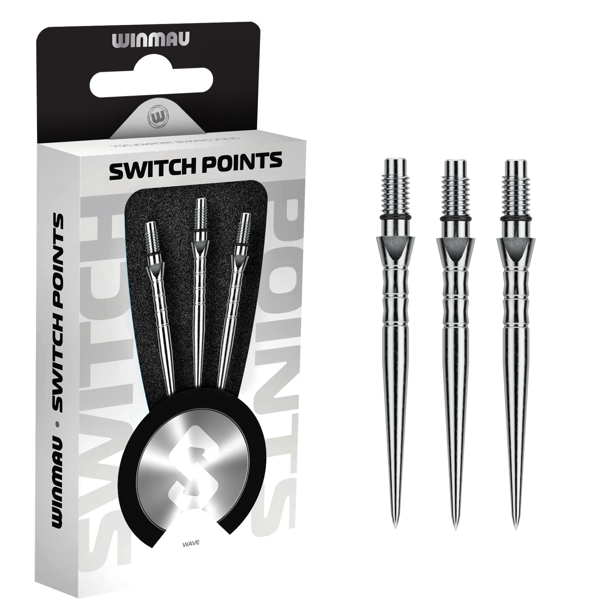 WINMAU - Switch Points - Carbon Steel Tip - Threaded Rapid-Change Mechanism - 1 Set per Pack - Wave Silver Effect 30mm - Professional Darts Accessories