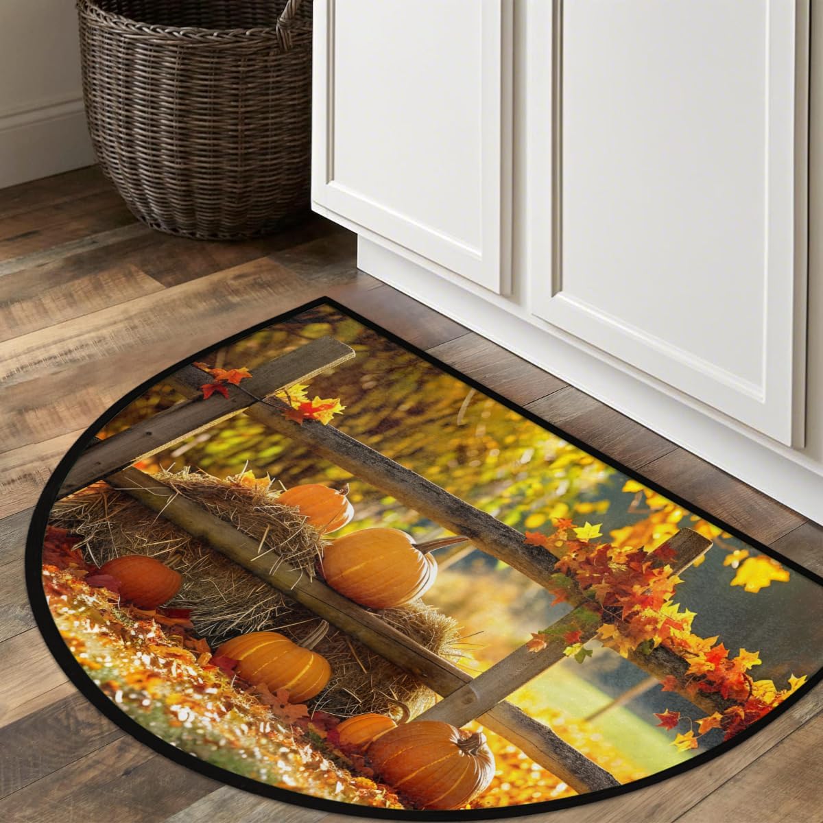Half Round Door Mat Fall Farm Pumpkin Non Slip Absorbent Semi Circle Area Rugs Washable Half Moon Floor Mats for Indoor Patio Kitchen Bathroom Entryway Fireplace Home Carpet Decor