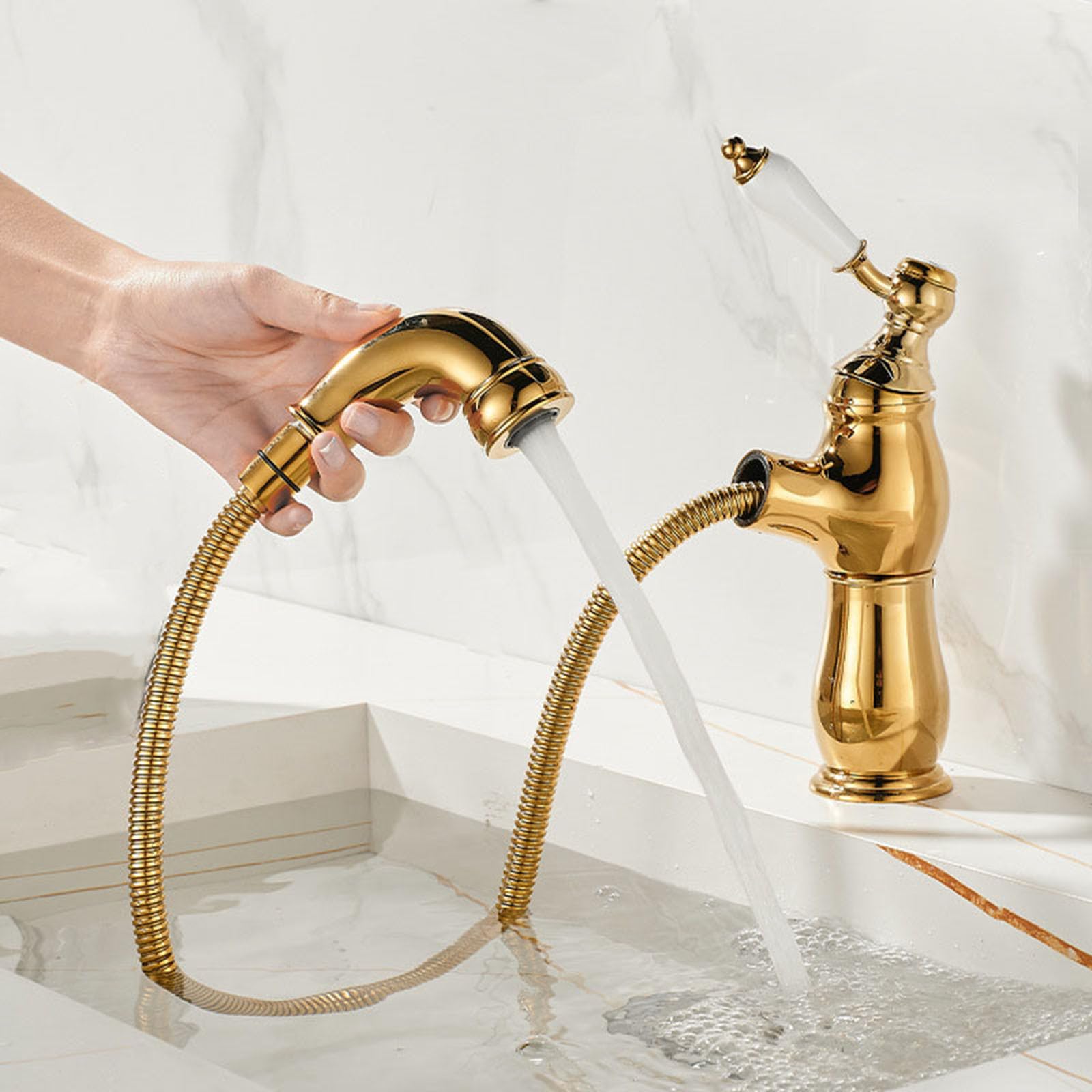 Mitigeur lavabo salle de bain chromé vintage à poignée unique avec bec extractible chaud froid