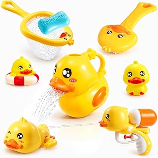 8 PCS Baby Bath Duck Toys for Toddlers Age 1-3, Kids Bathtub Toys Set with Squirt Gun, Watering Can, Floating Rubber Ducks and Fishing Net, Baby Shower Water Table Play Gifts for 1+ Year Old Boy Girl