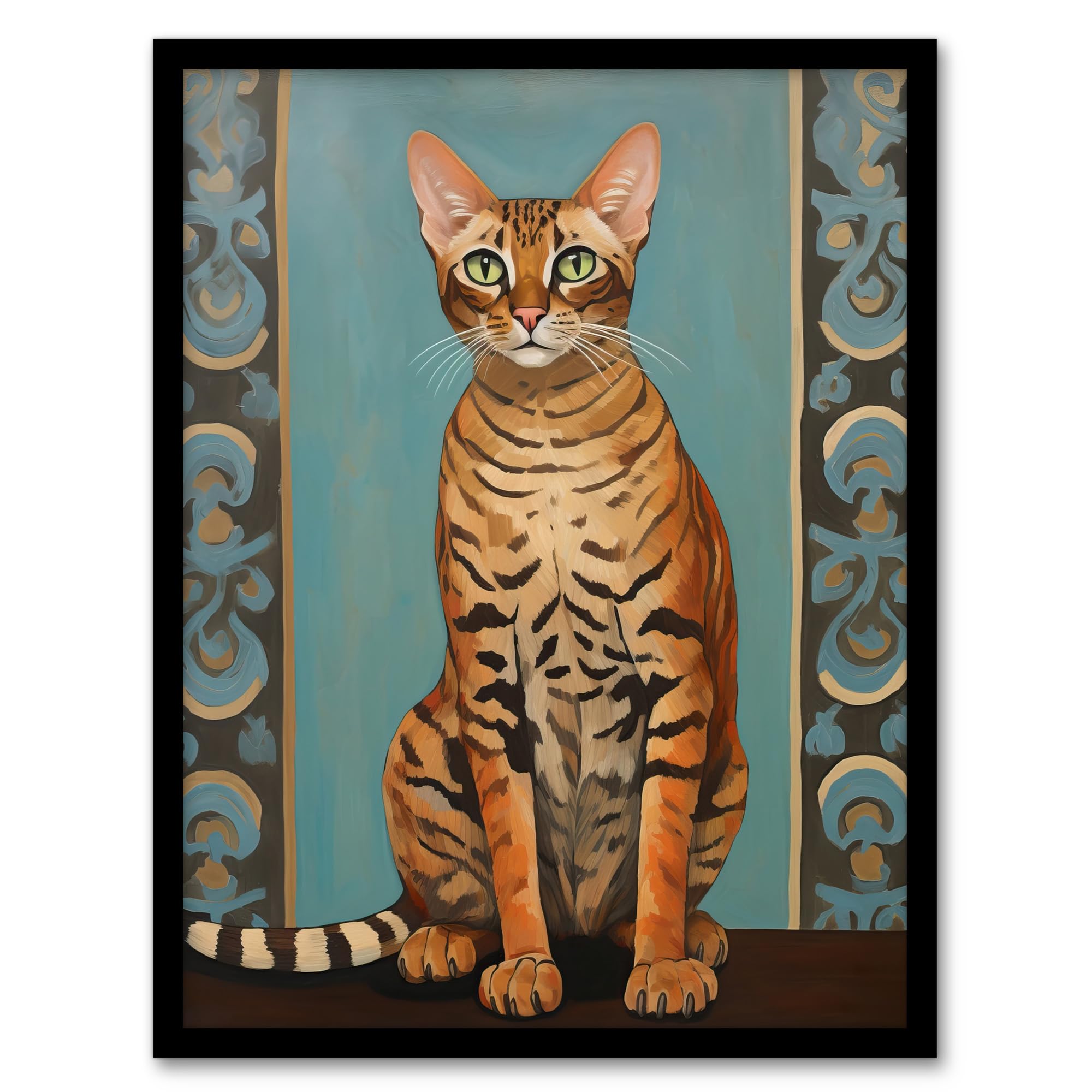 Bengal Beauty Tabby Cat Lover Portrait Wall Art Print - Framed - A4 Size - Blue