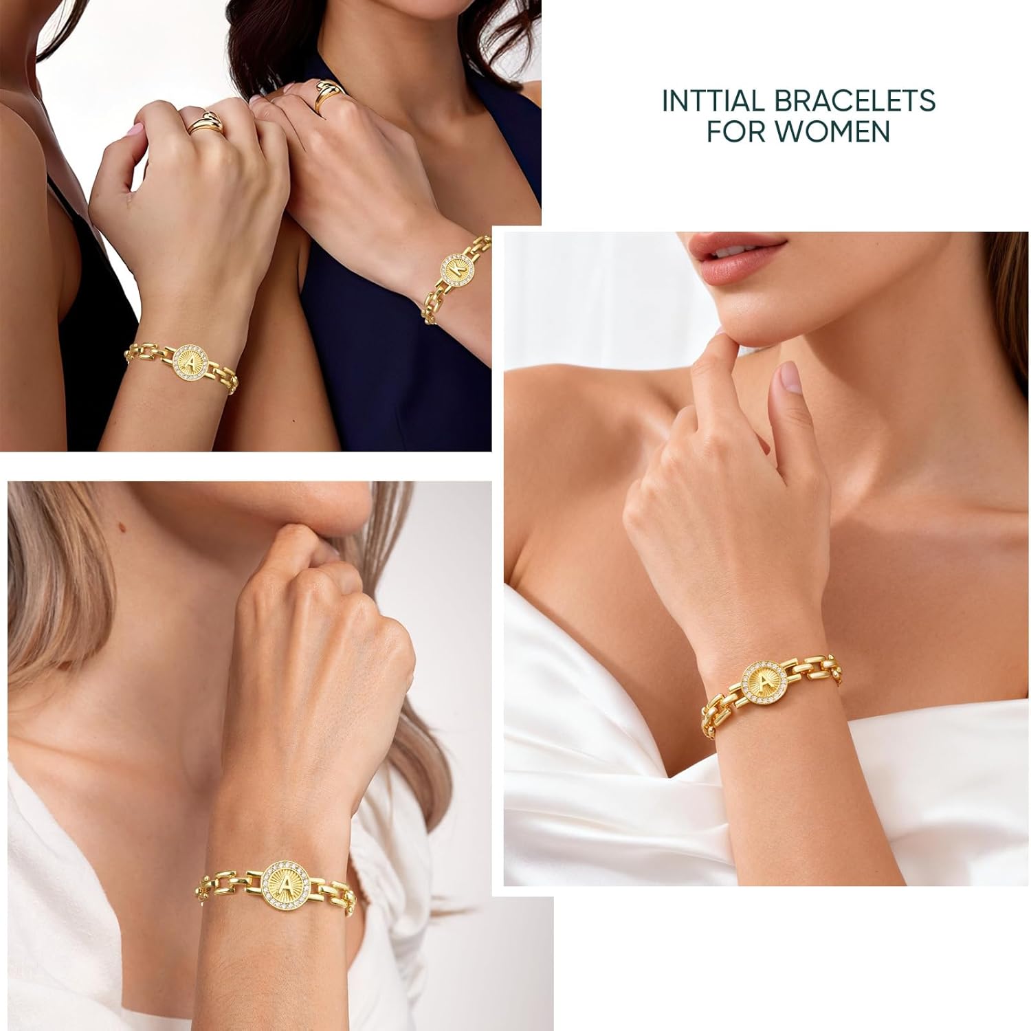 Gold Initial Bracelet for Women - 14K Gold Plated Adjustable Watch Band Chain Bracelets, Trendy Cubic Zirconia Link Bracelet, Birthday Anniversary Christmas Jewelry Gifts for Her - Image 4