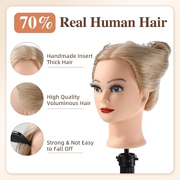 Hairdressing Head with Practice Head Stand 70% Real Hair Doll Head for Hairdressing Training Heads for Hairdressers Training Head with Table Clamp, DIY Hair Braiding Set (Blonde)
