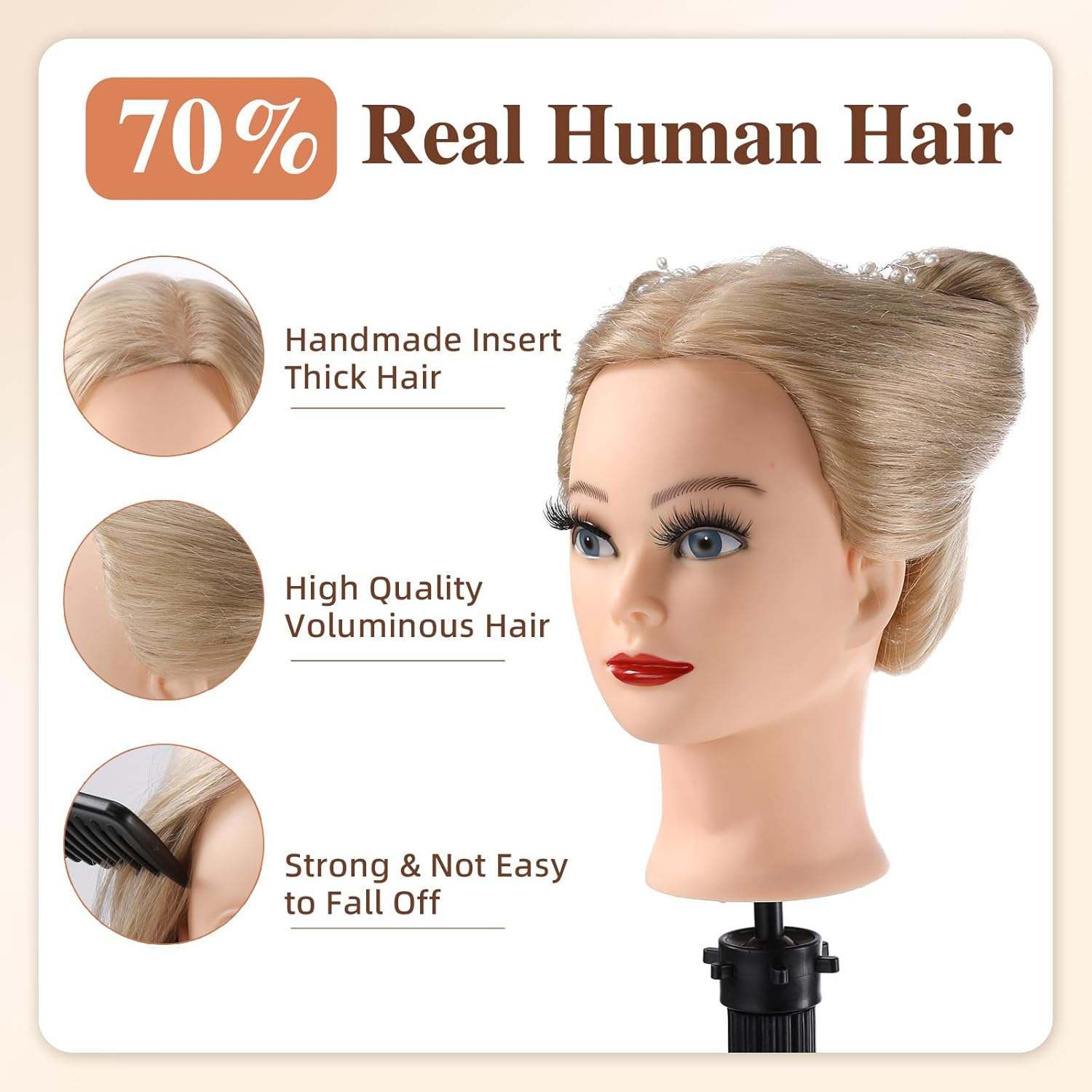 24 Inch Mannequin Head 70% Human Hair with Stand,Real Hair Mannequin Head for Braiding,Cosmetology Manikin Doll Head for Styling with Mannequin Head Stand Table Clamp Hair Braiding Set