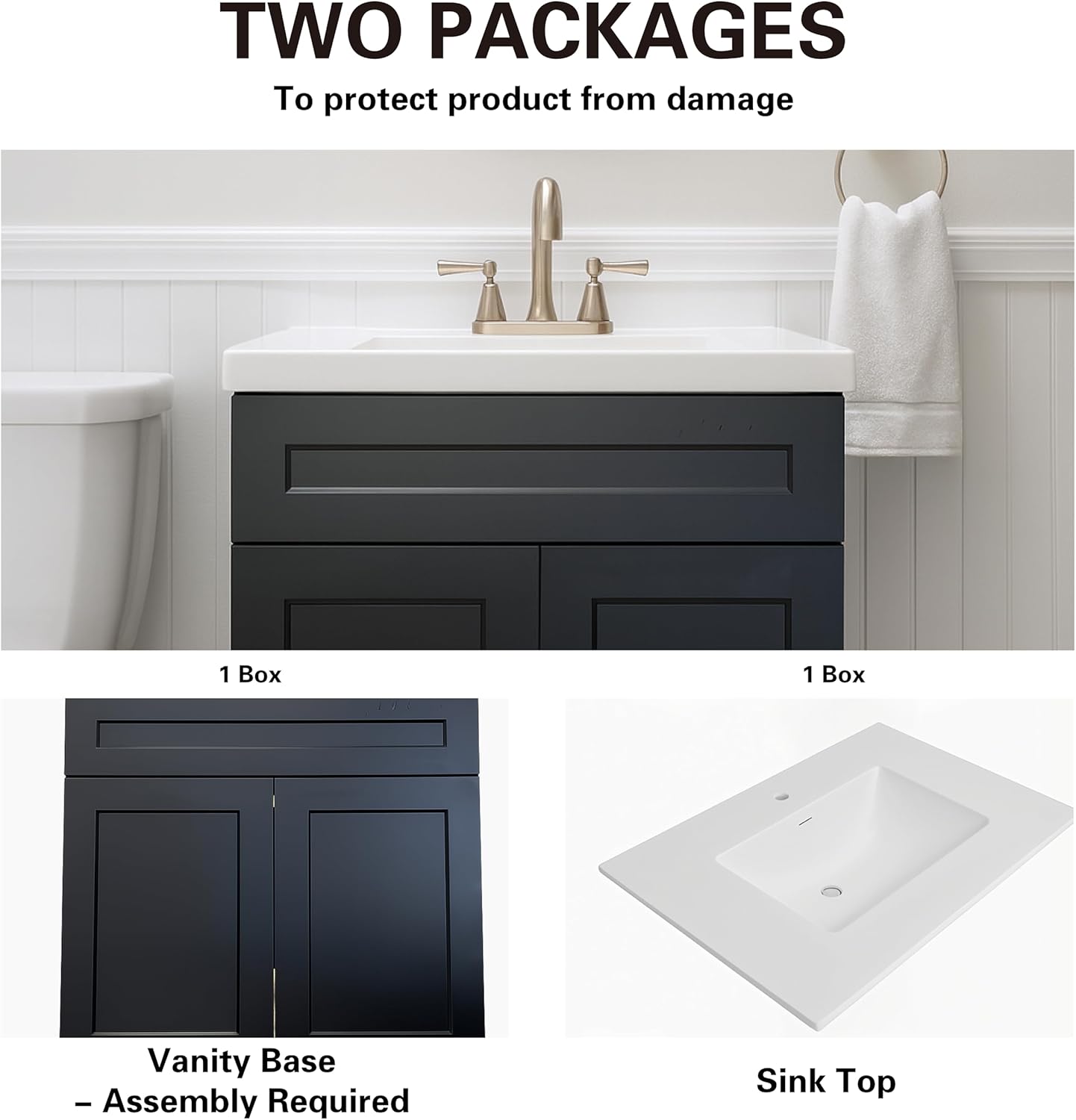 30" Black Shaker Bathroom Vanity with Sink – Solid Surface One-Piece Top, Soft-Close Doors, Polyurethane Nano Resin Sink, Pre-Drilled Faucet Hole, Modern Bath Vanity Cabinet Set