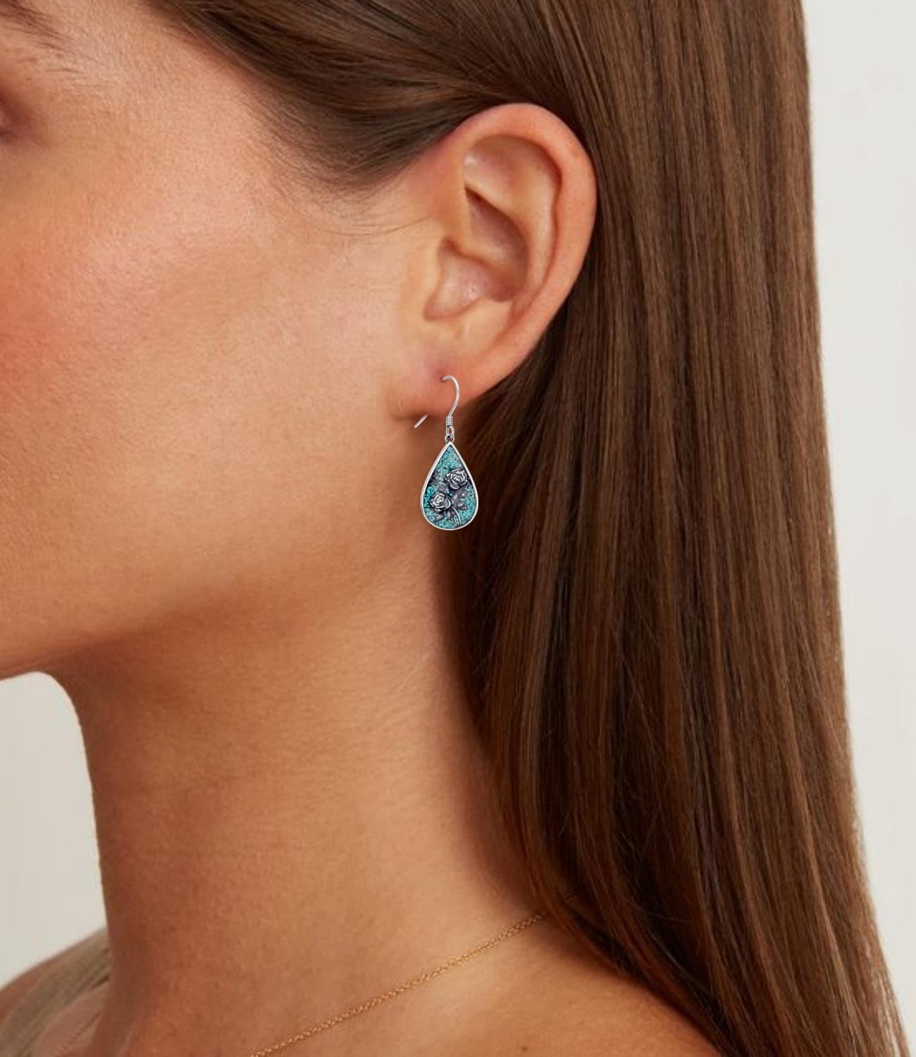 Genuine Turquoise Rose Vintage Earrings, Sterling Silver Boho Native American Western Teardrop Earrings Jewelry for Women - Image 6
