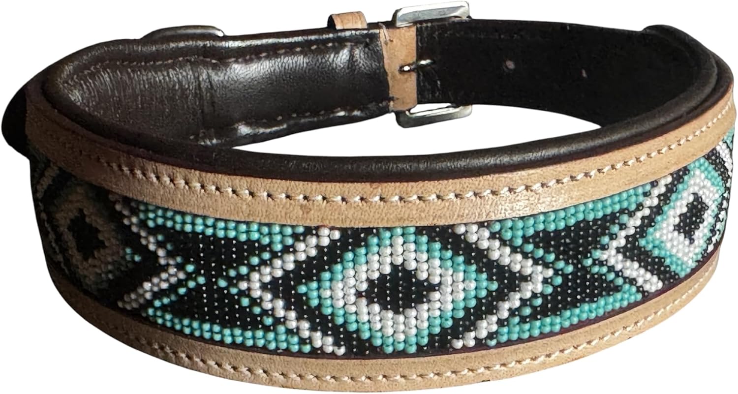 Majestic Ally Handcrafted Leather Dog Collar, Turquoise Black White Beaded Pattern, Natural Tan Trim (Turquoise-Black-White, Medium)