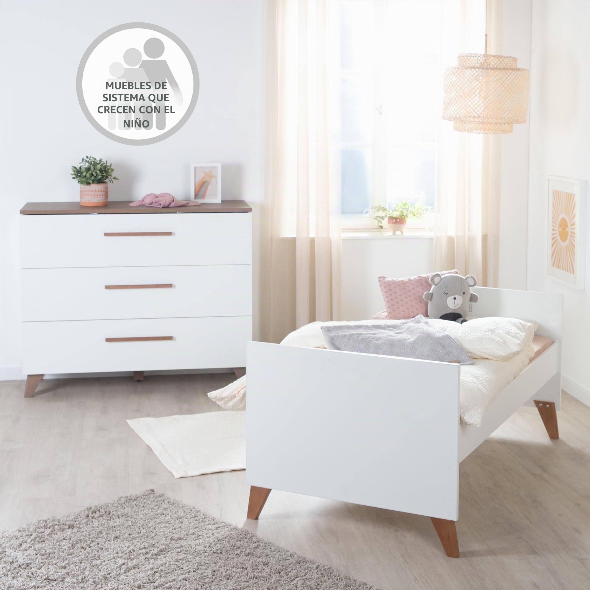 roba - Cama de bebé escalable de 70 x 140 cm, con diseño de Ole, Convertible en Cama Infantil, de 0 a 7 años, hasta 50 kg, Altura Ajustable, 3 Barras extraíbles, Madera, Color Blanco y Roble Oscuro,