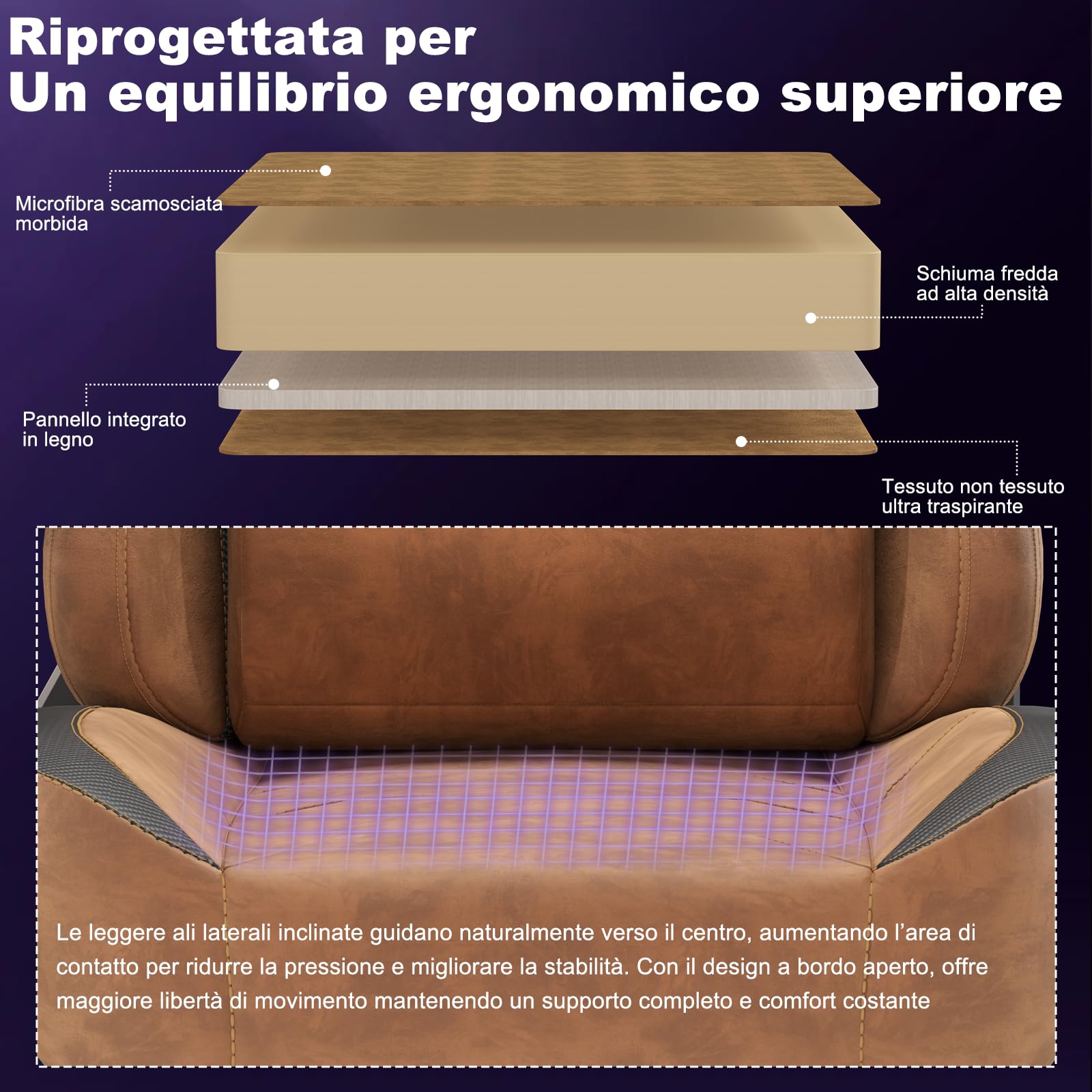 Devoko Sedia da Gaming Ergonomica in Pelle Scamosciata, Poltrona da Ufficio Gamer Reclinabile 90°-135°, Braccioli 3D Regolabili, Base in Metallo, Ruote Silenziose, Portata 180kg, Marrone Chiaro