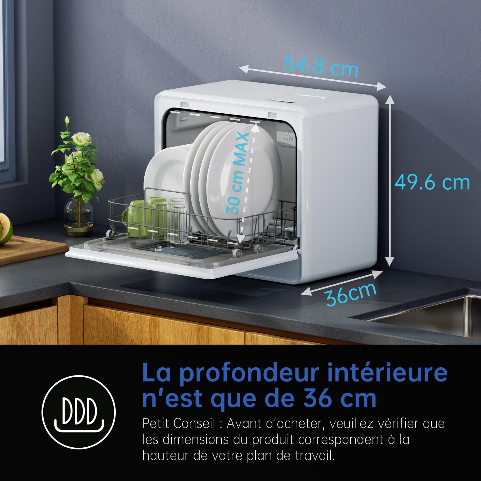 AIRMSEN Lave-vaisselle de Table Mini 7+2 Programmes Fonction Sel Adoucissant Commande Tactile Affichage LED Réservoir 5L Compact Appartements Dortoirs