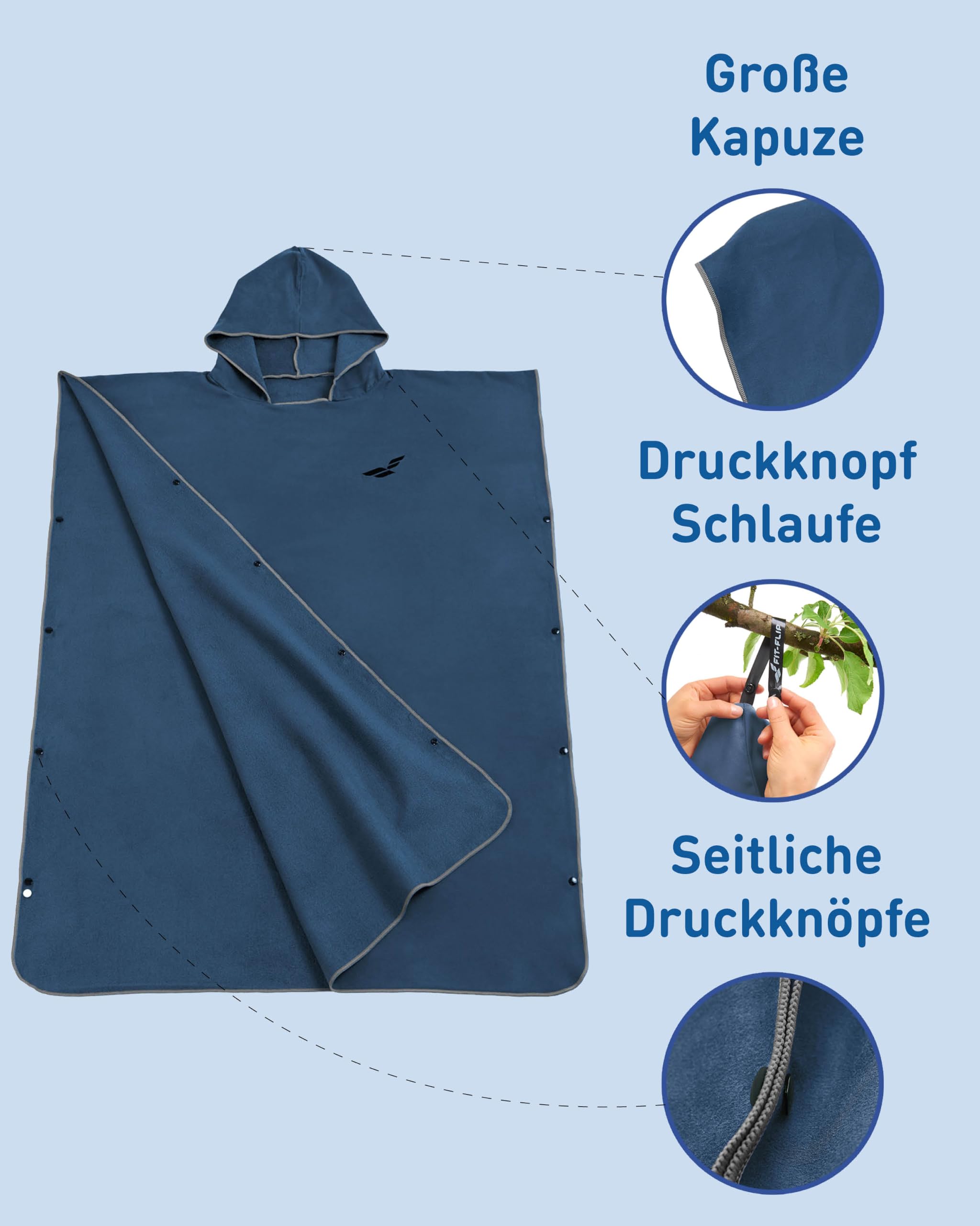 Fit-Flip Strandponcho für Erwachsene mit Kapuze - schnelltrocknend, kompakt und Ultraleicht - Badeponcho aus Mikrofaser für Damen und Herren