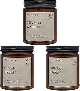 Arctic Wicks 3 Pack Spring Candle Set - Sea Salt & Orchid, Ocean Breeze & Arctic Storm | Coconut Beeswax Candles | 9oz Amber Jar | Farmhouse Candles Non-Toxic Clean Burn 100% USDA Certified Biobased