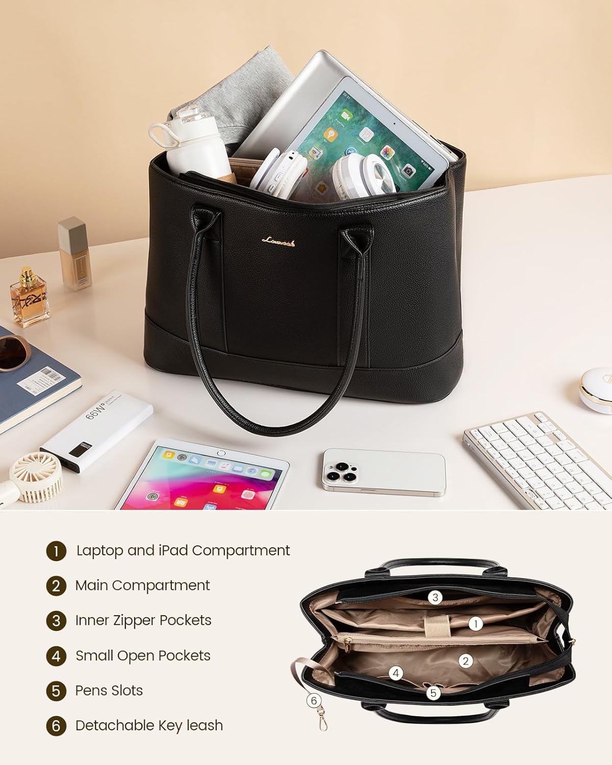 LOVEVOOK Laptop Tote Bag for Women, Pebbled Vegan Leather 15.6" Large Capacity Laptop Bag for Women, Waterproof Plus Room for Laptop & 4x Tumblers, for Office & Gift, Black - Image 6