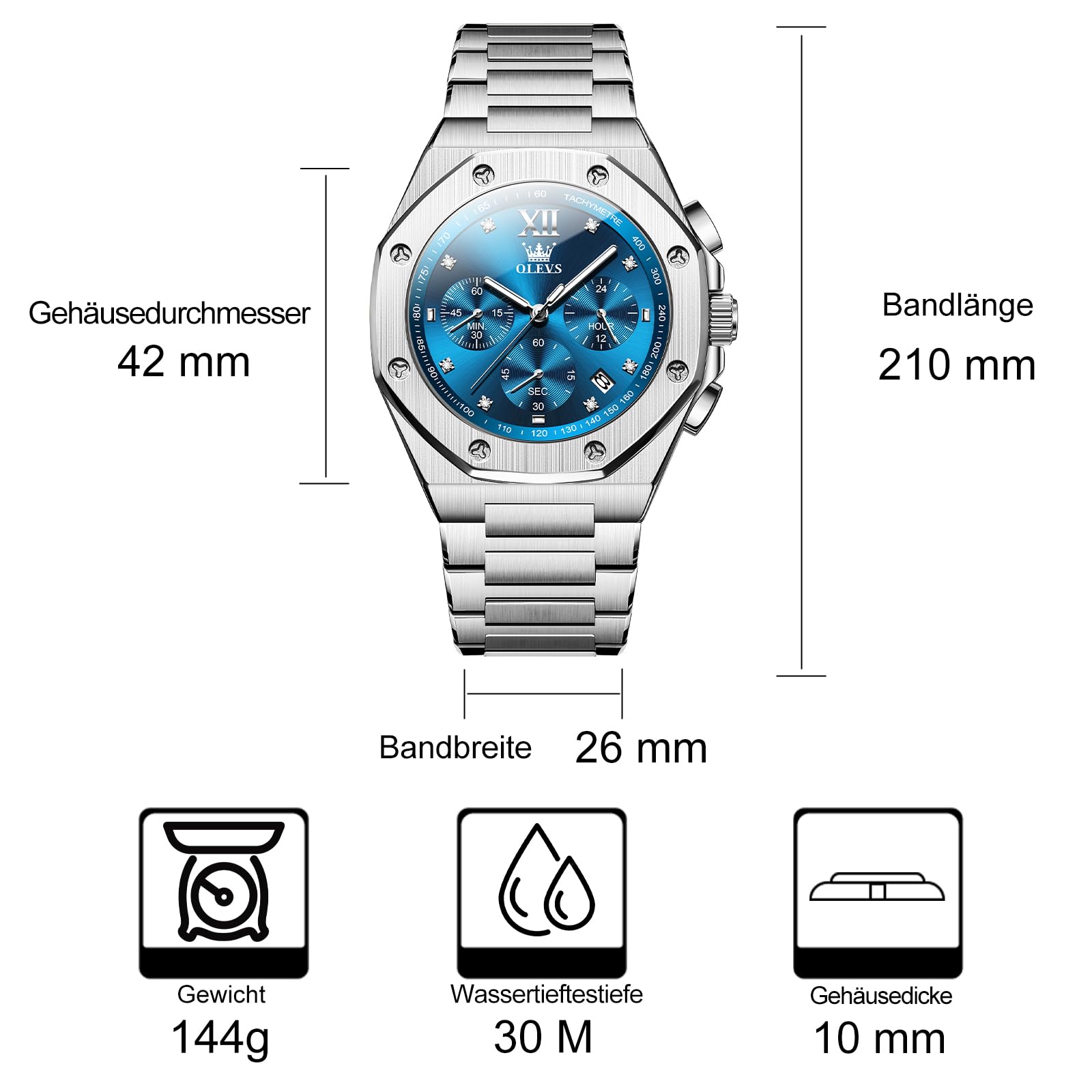 OLEVS Edelstahl Herren Armbanduhr Wasserdicht Leuchtend Großes Zifferblatt Uhren Herren mit Datumsanzeige Schicke Geschenke für Männer