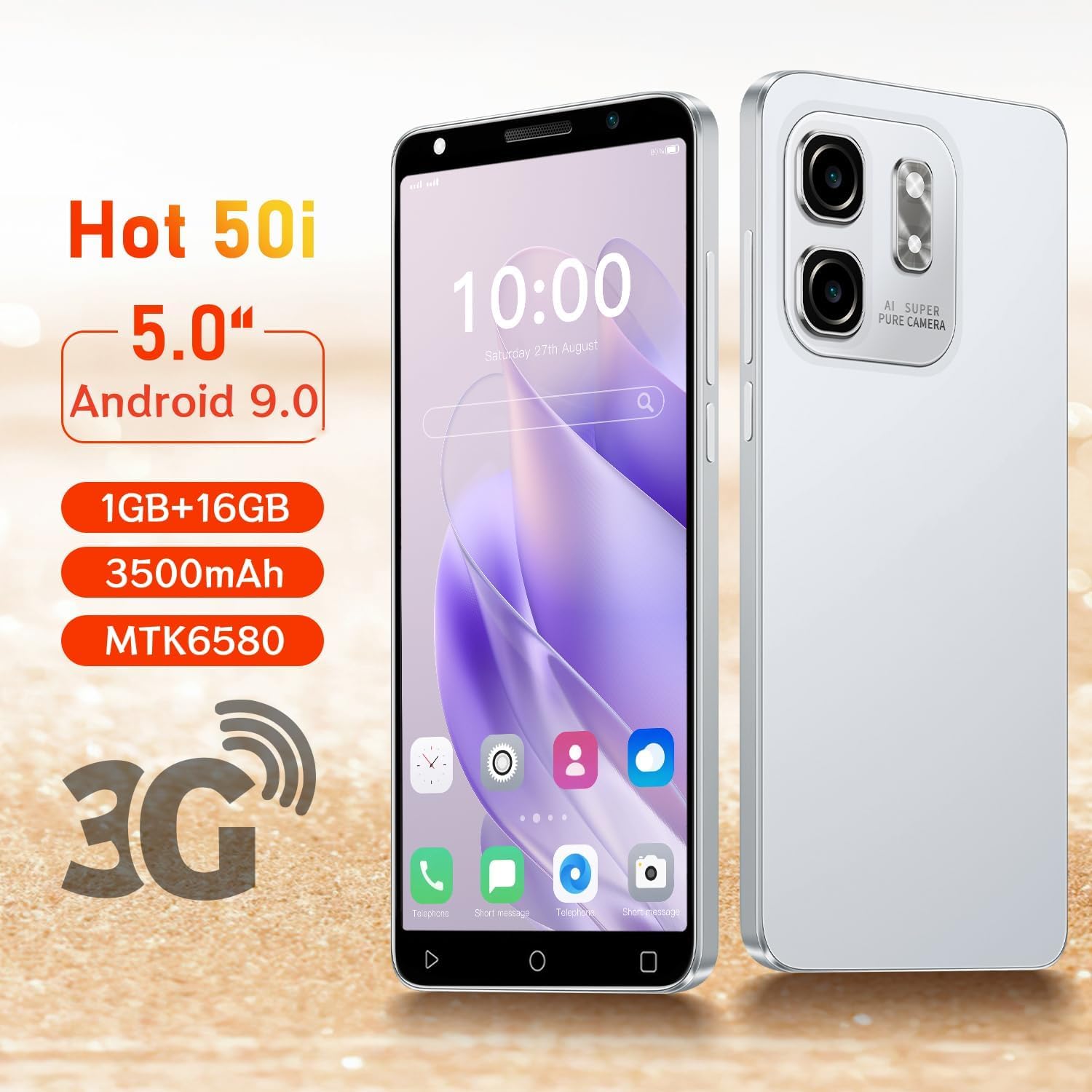 Hot50Pro Billiges Handy, 5,0 Zoll HD-Bildschirm, 16GB ROM (Erweiterung auf 128GB), 3500mAh große Batterie, Gesichts-ID/WiFi/GPS/Android-Telefon (Black)