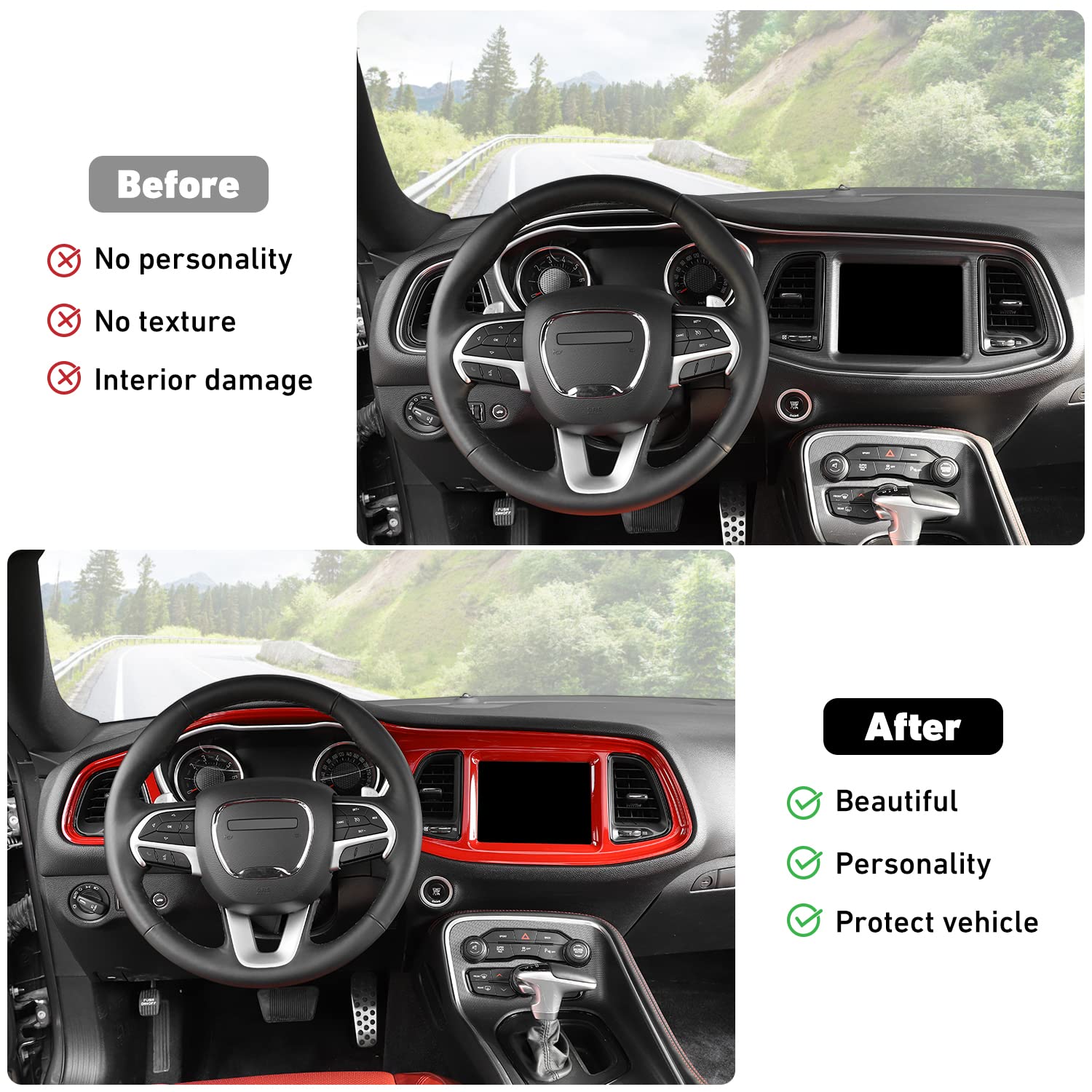 Linskip Dash Board Cover Trim Compatible with Dodge Challenger 2015-2023, Dashboard Instrument Screen & Air Vent Covers for Challenger Interior Accessories(Red)