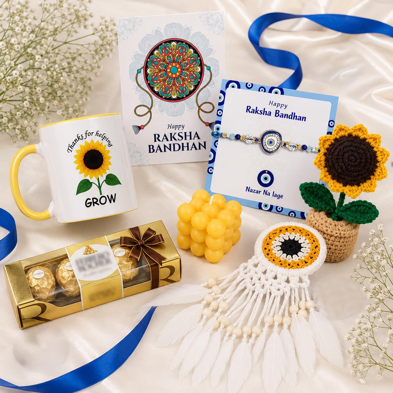THE Loony Box Raksha Bandhan Gift Hamper for Brother | Rakhi for Brother | Evil Eye Rakhi with Card, Mug, Crochet Sunflower Pot, Dream Catcher, Bubble Candle & Chocolate Pack | Rakhi Gift for Brother-image-44