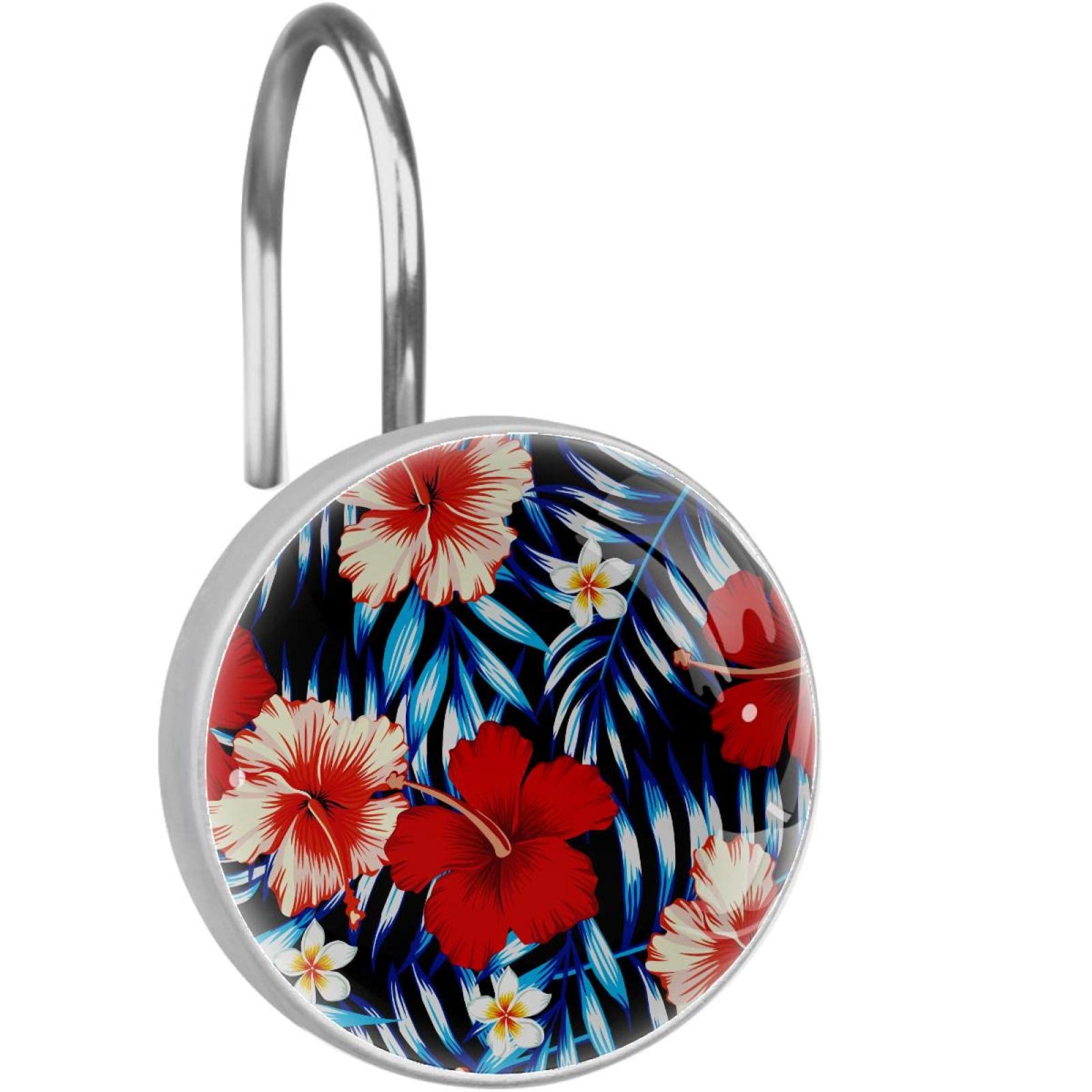 Crochets de rideau de douche en verre bleu floral tropical pour salle de bain lot de 12