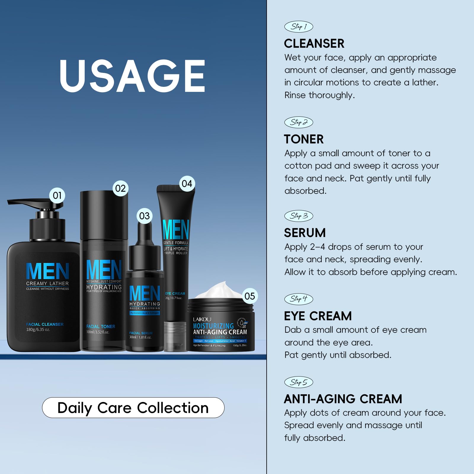 Coffret Soin Visage Homme, 5 pièces Skincare Set Men, pour Hydratant Anti-Âge Anti-Brillance, Kit Soin Visage Homme Cadeau avce Nettoyant Lotion Visage Yeux Crème Sac de Rangement