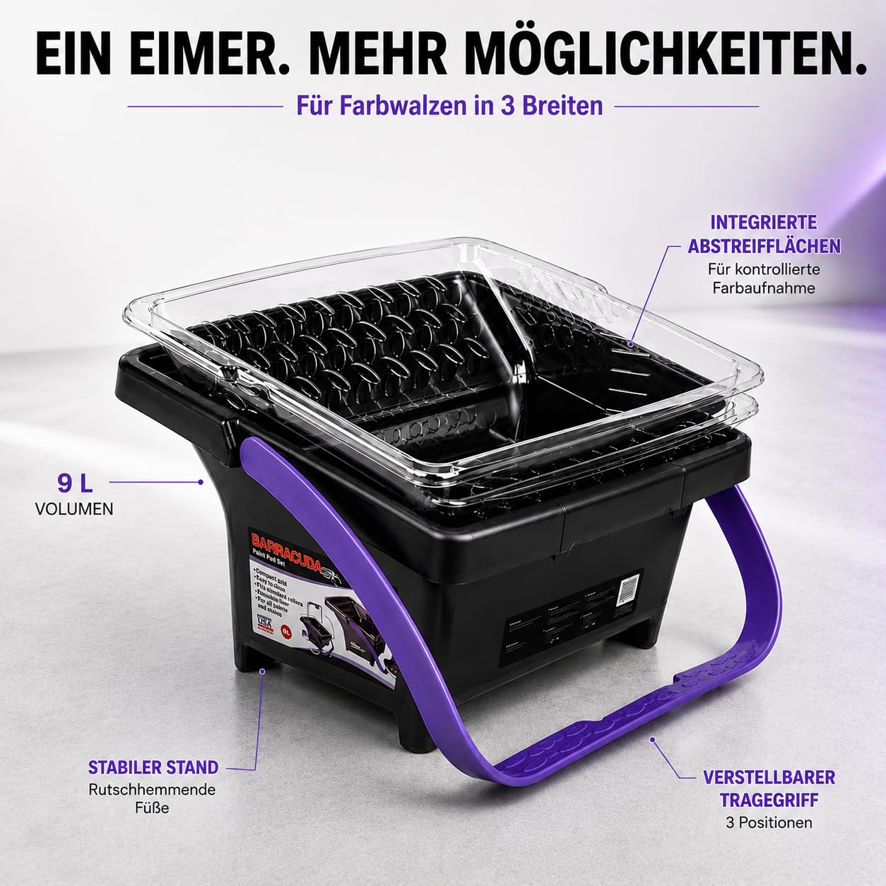 Blue Dolphin Malerset Komplett 9L Farbeimer mit Abstreifgitter 25 cm Farbroller 2 Farbwalzen 13 mm Malerrolle Rollenbügel Malerkrepp 48 mm x 33 m Renovierungsset