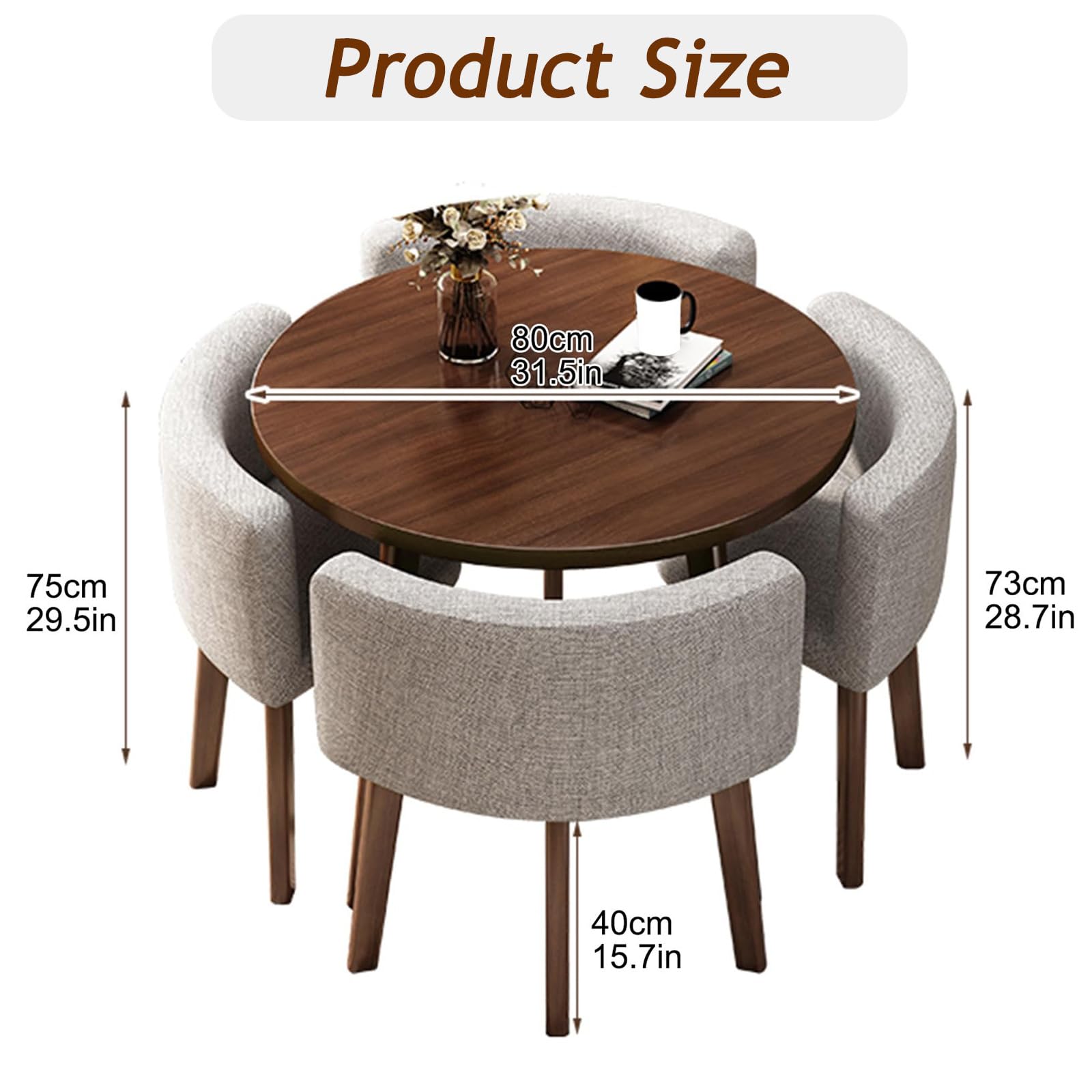 4 Stühle rund Esstisch Set, ideal für Küche Wohnzimmer Lounge Büro, kleine Konferenz Empfang Verhandlung, 80 cm B x 74,9 cm H, PU-Kaffee