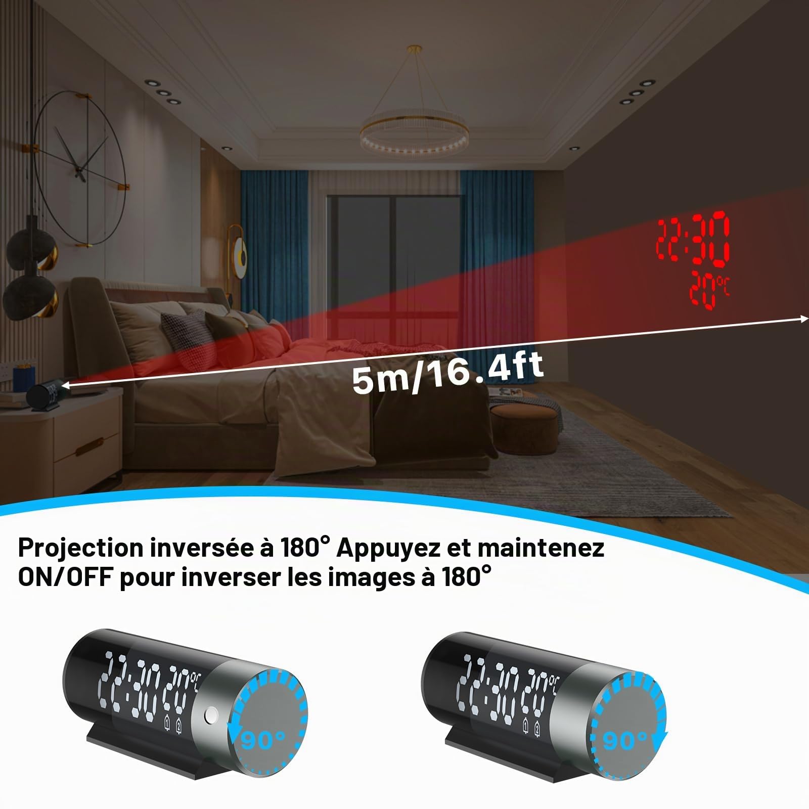 Reveil Projecteur Plafond, Horloge Digitale Projecteur 180°,Réveil Projection avec Température, Snooze, Mode Nuit, Affichage 12H/24H,Luminosité Réglable, Horloge Numérique pour Chambre, Bureau