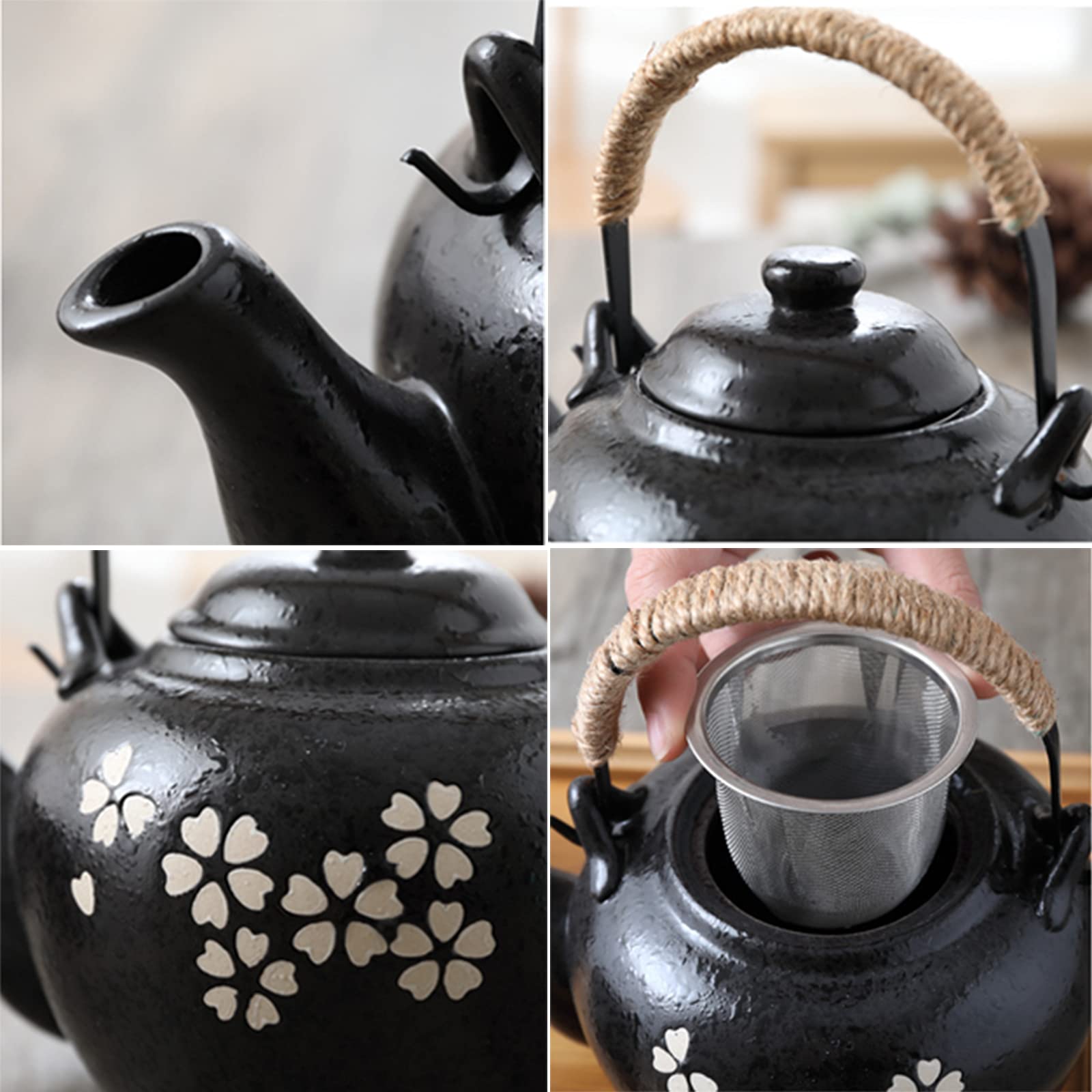 fanquare Service à Thé Japonais Kungfu avec Infuseur, Service à Thé à Motif de Fleurs de Cerisier Blanches, Théière en Porcelaine Faite à la Main avec Plateau à Thé en Bambou pour 4