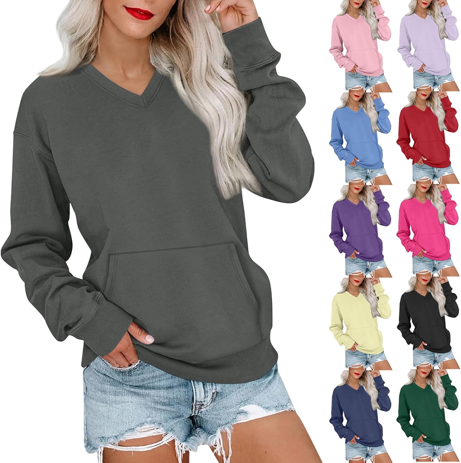 V Neck Sweatshirt Women Hoodless Hoodies Plain Ladies Sweatshirts No Hood Comfy Lounge Pullover Sweatshirt with Pockets