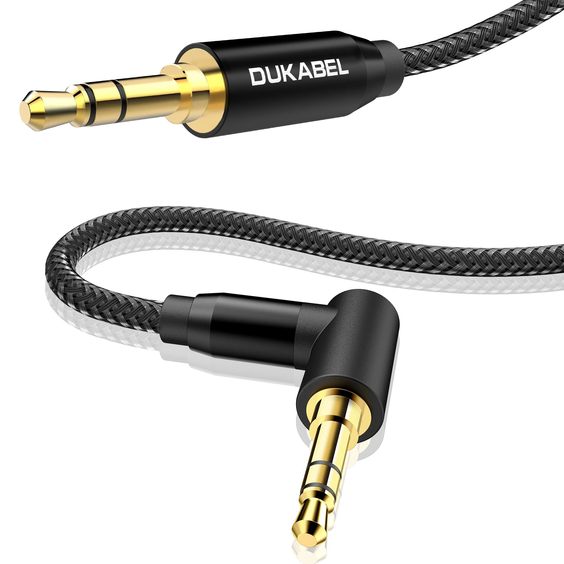 DUKABEL Interconnect 3.5mm to 3.5mm Cable, 1.1M/3.6FT Right-Angle Audio Auxiliary Cable Male to Male AUX Cord for Headphone, Car, Home Stereos, TV, Smartphones & More
