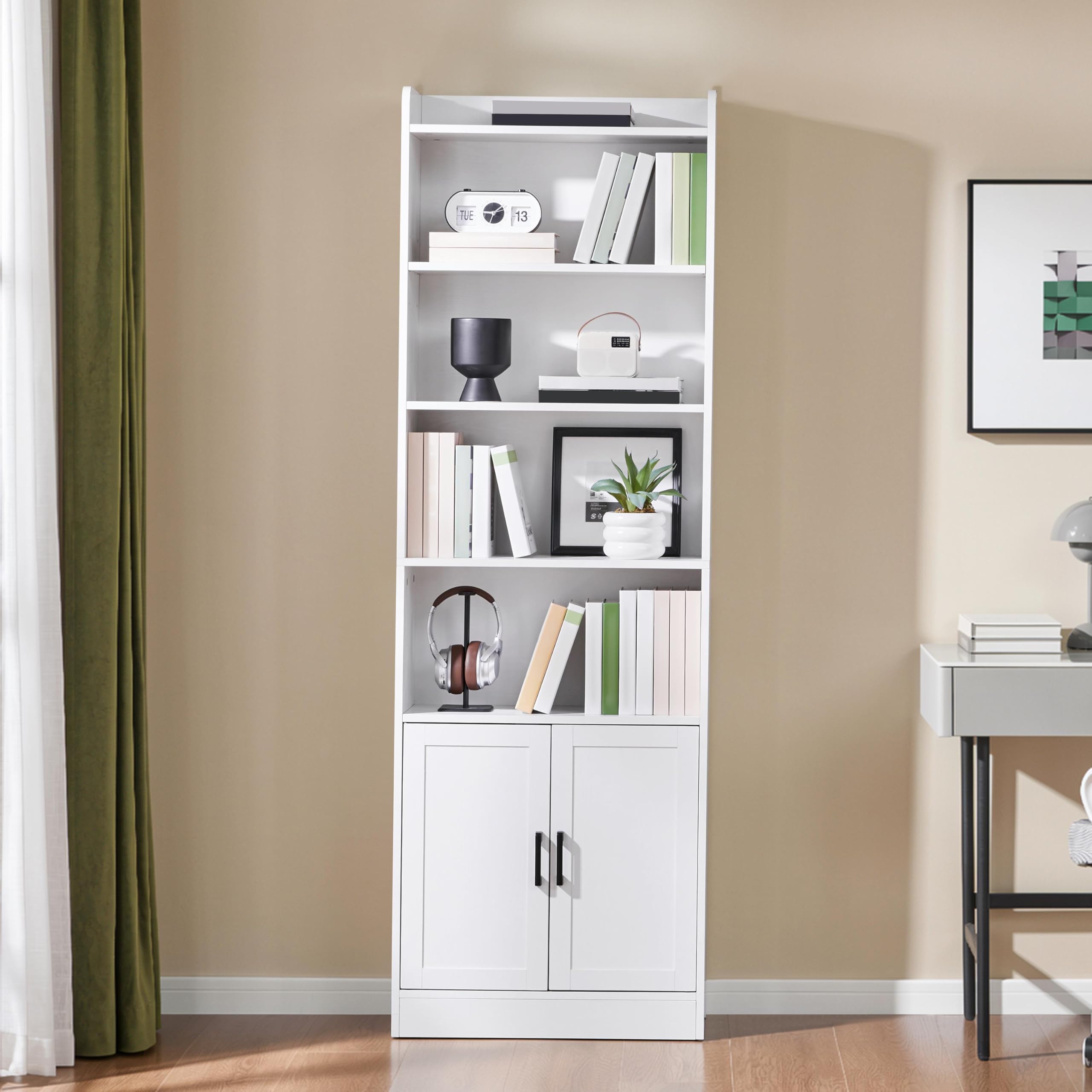 Yaheetech Libreria Verticale a 7 Ripiani, Libreria Scaffale con Armadietto a 2 Ante e 2 Ripiani Regolabili, per Camera da Letto, Studio, Soggiorno, Ufficio, 60 x 24 x 183 cm, Bianco