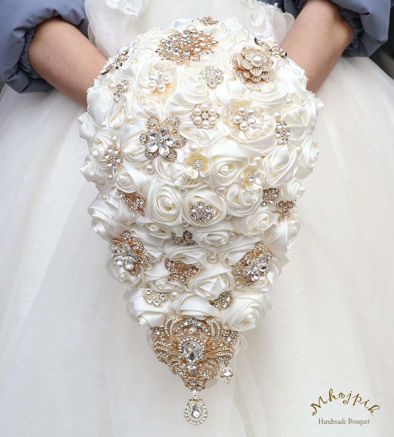 Luxury Cascade Bridal Wedding Bouquet Satin Rose Waterfall Holding Bouquet Artificial Flower Bunch for Bride Bridesmaid(Ivory, 15" x 7.5") - Image 4