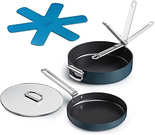 Joseph Joseph Space 3-Piece Nonstick Pots and Pans Cookware Set with Folding Handles, Ceramic Coating, Oven & Induction Safe