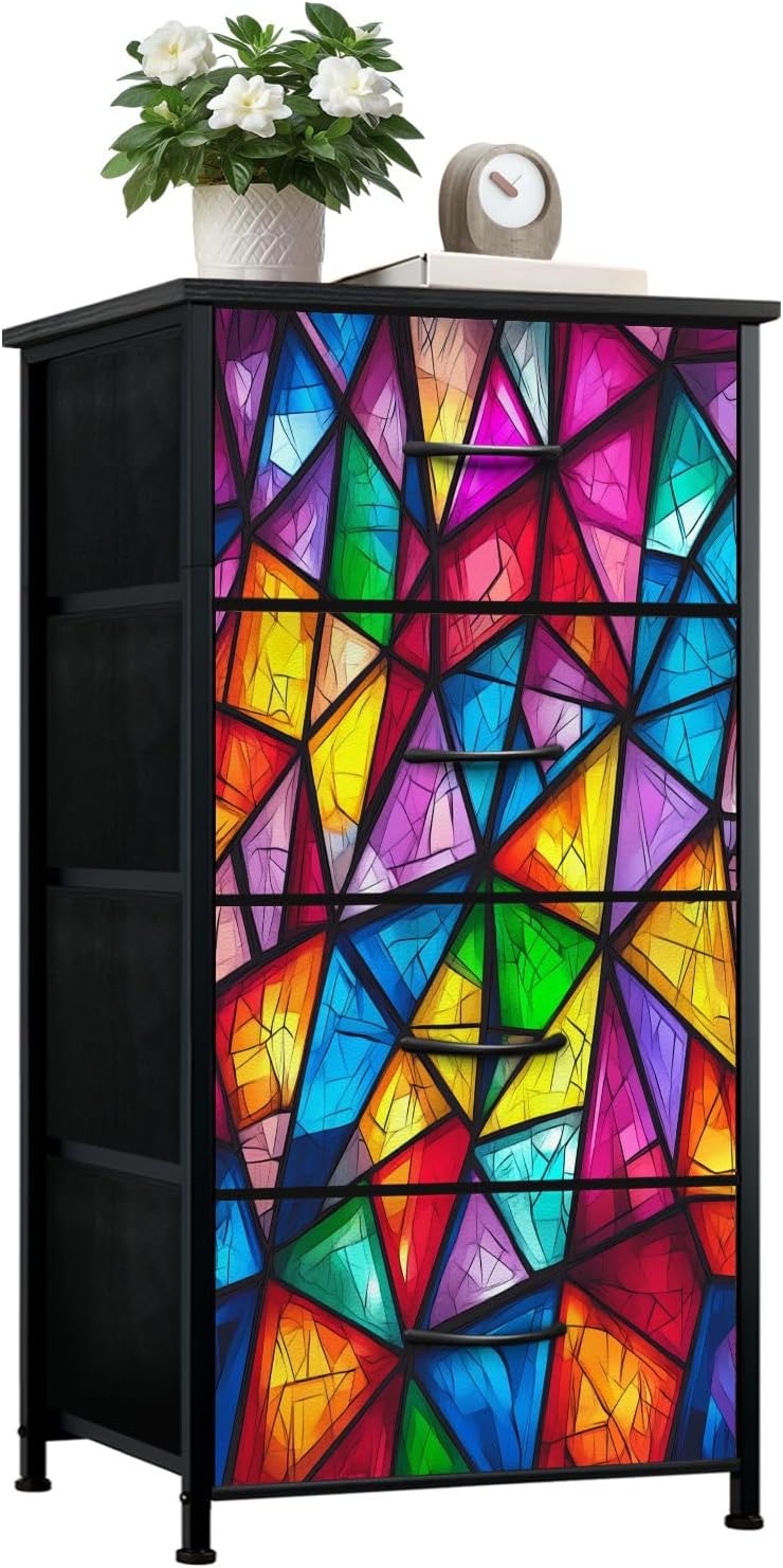 Dresser for Bedroom Dresser for Closet Rainbow Stained Glass Dressers & Chests of Drawers Fabric Closet Organizers and Storage with 4 Drawers Storage Bins