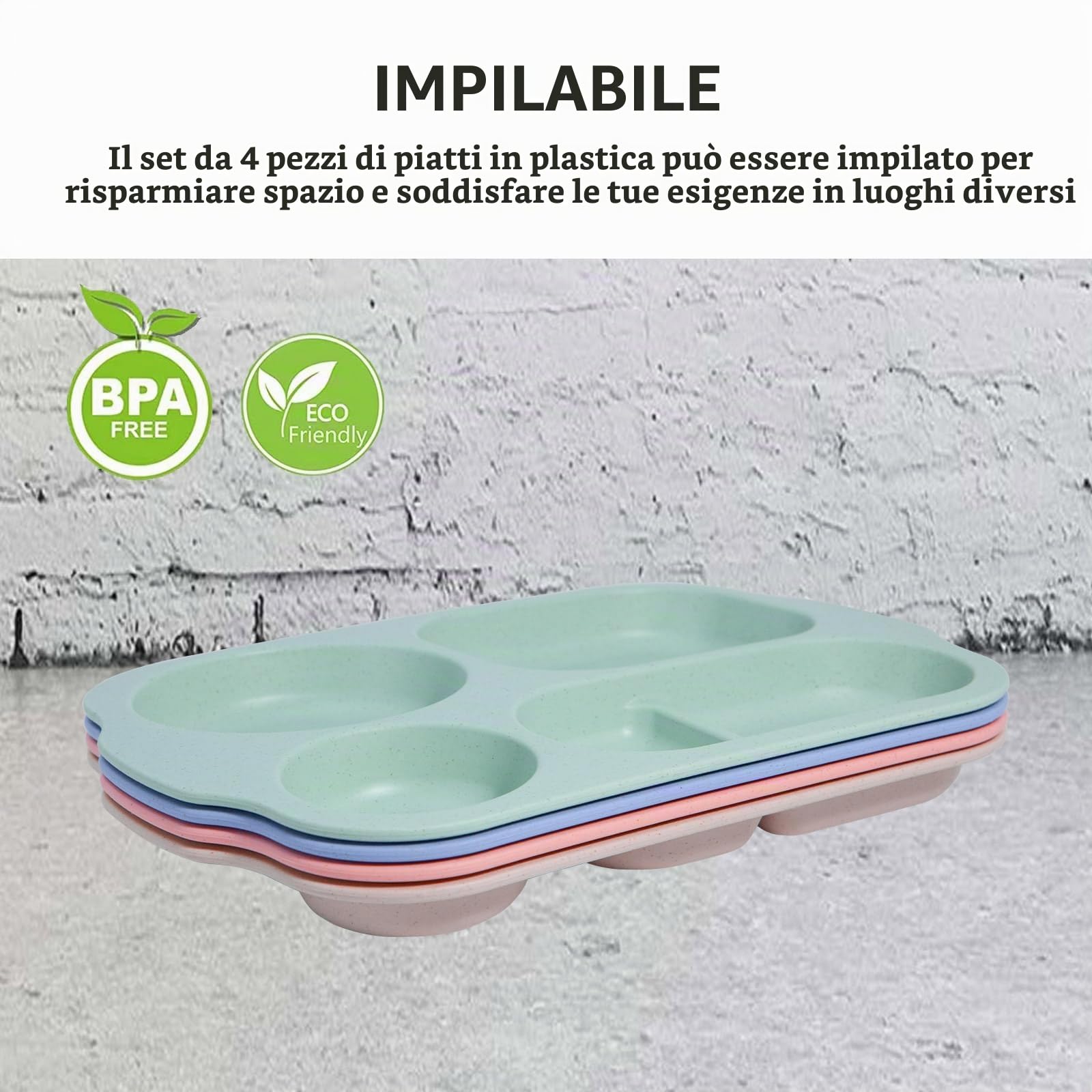 Vassoio Piatti Divisi 4 Scomparti Set 4 Pezzi, 30x21 cm | PP di Grado Alimentare senza BPA, Infrangibile e Lavastoviglie, Ideale per Campeggio e Uso Quotidiano