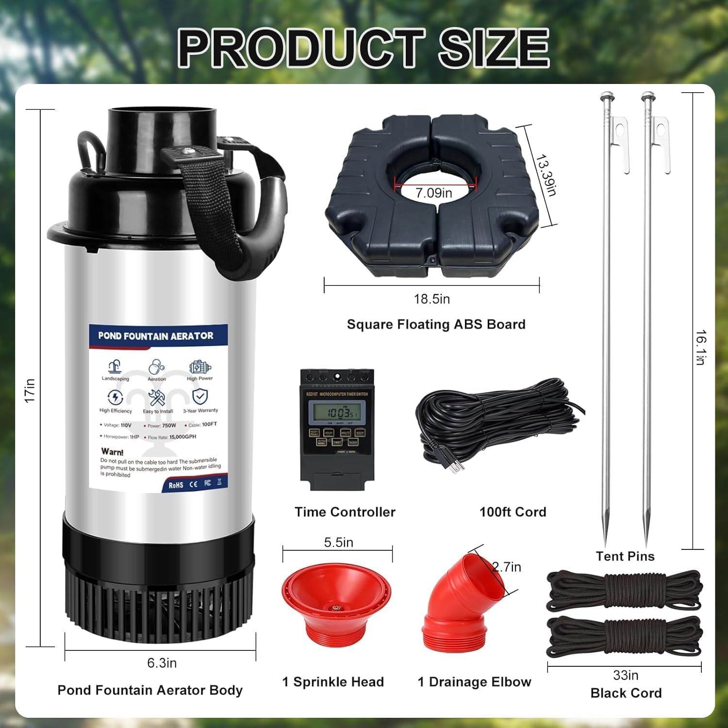 Pond Fountain Aerator Pond Fountain - 1 HP 15,000 gallons/Hour 750 watts - Pond Aerator Equipped with 100-foot Power Cord and Multi-Function Timer Suitable for Large Ponds and Lakes