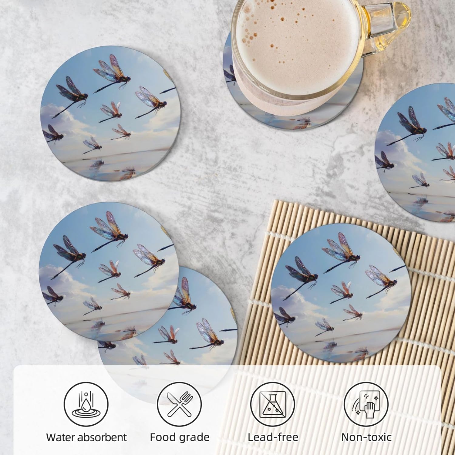 (Dragonflies Flying) Ceramic Coasters Set of 6 with Holder Non-Slip Round Coffee Coasters for for Cup Mug Drink Patio Coffee Table Decor, Christmas Coasters Home Bar Supplies
