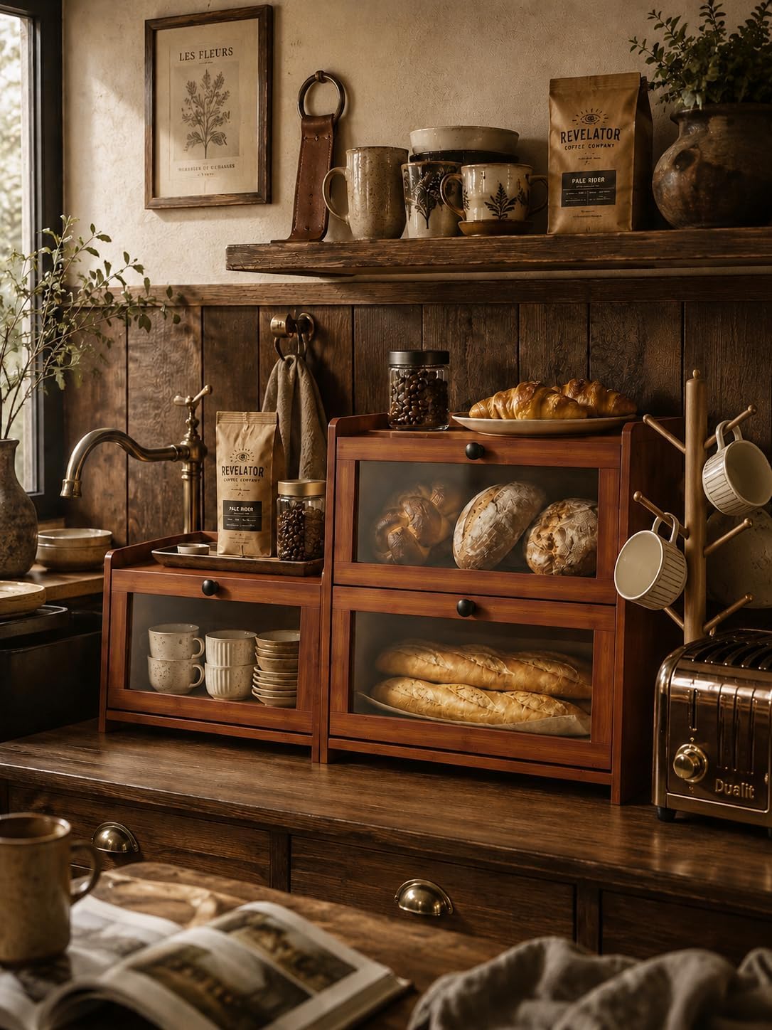 Brown Bread Box for Kitchen Countertop, 2 Tier Large Capacity Wooden Bread Storage Container, Farmhouse Bread Keeper for Bread, Bagels, Pantry Organizer