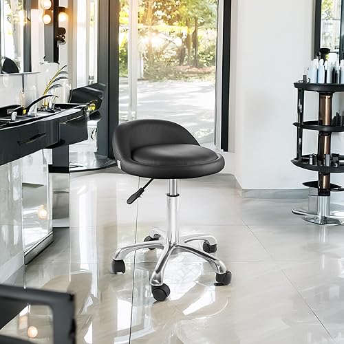 Miniatura 2 de Saloniture Taburete hidráulico rodante con respaldo bajo  Silla giratoria ajustable para spa, tienda, salón, masaje u oficina médica, negro