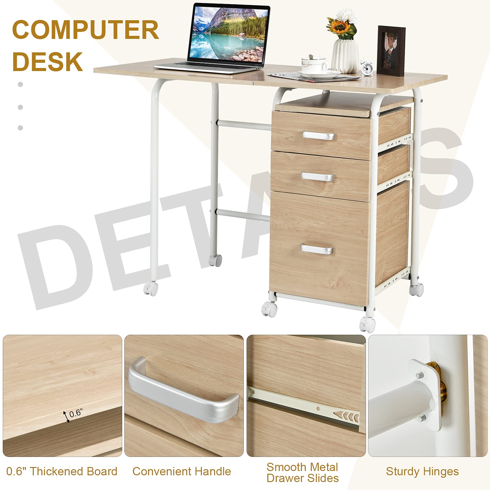 Tangkula Folding Computer Desk with 3 Storage Drawers, Mobile Home