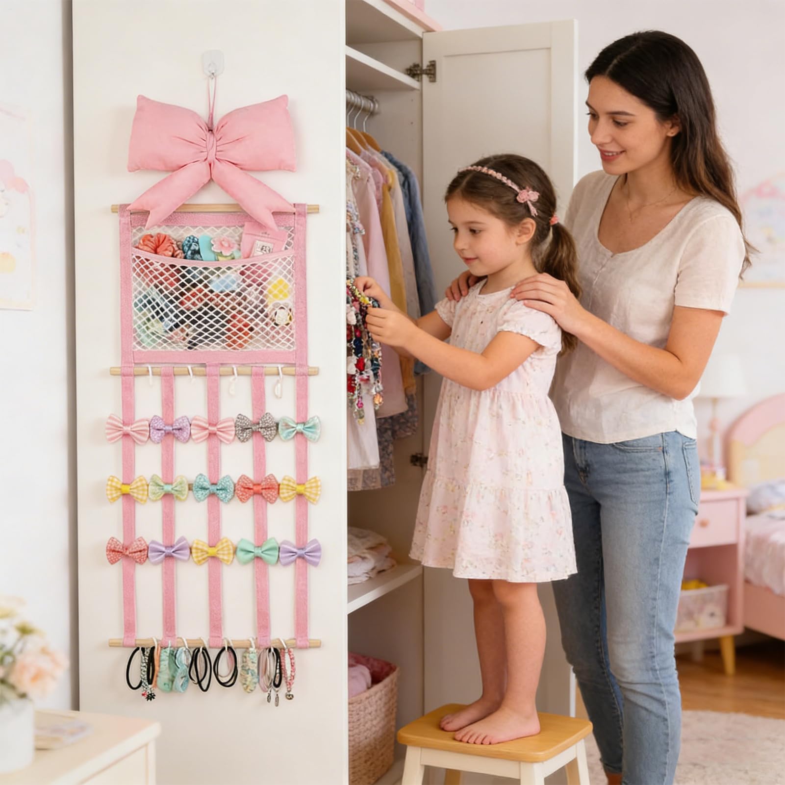 Generico Organizer für Haarspangen, mit Haken zur Wandmontage, Rose, Gummibänder und Clips, für Damen, Haarnadelband, Wohnzimmer, Haus, Wohnheim