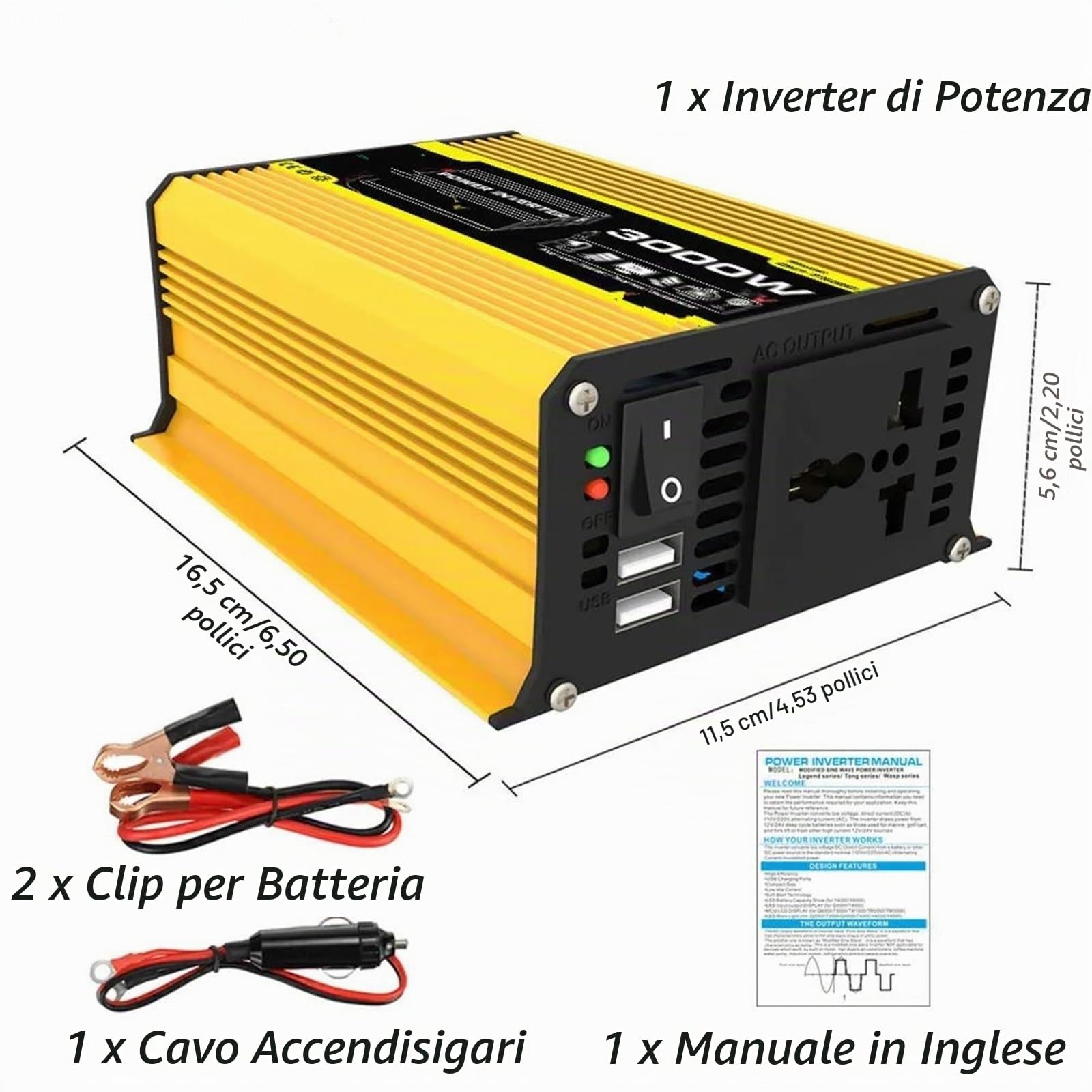 Power inverter Inverter Auto 4000W 12V A 220V/110V LED Convertitore Adattatore Caricabatterie Trasformatore Di Tensione USB Doppio Onda Sinusoidale Modificata(Yellow 3000W 12V to 220V)