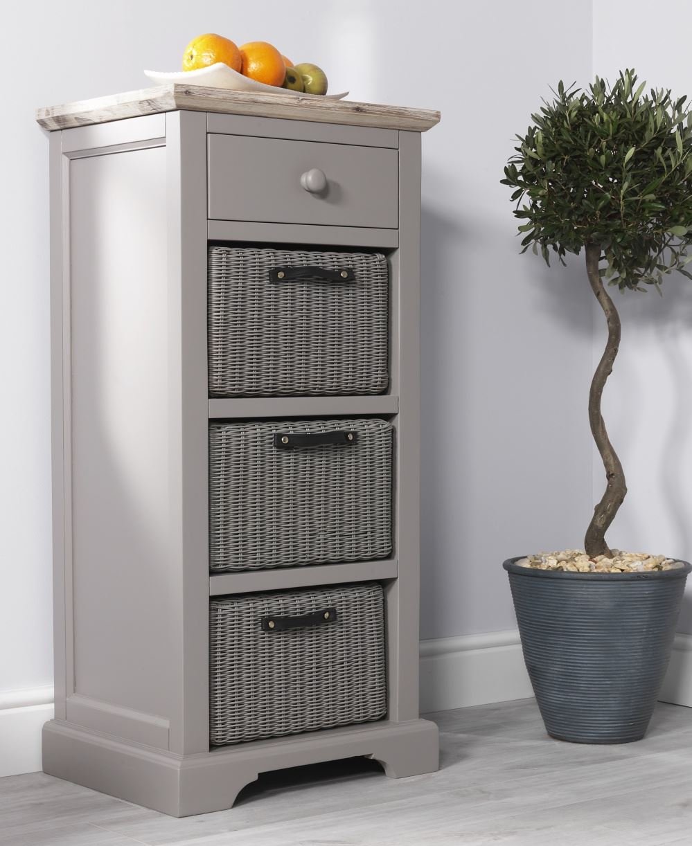 Florence Tallboy with drawer and 3 storage baskets. DOVE GREY tallboy cabinet with baskets and optional shelves. FULLY ASSEMBLED