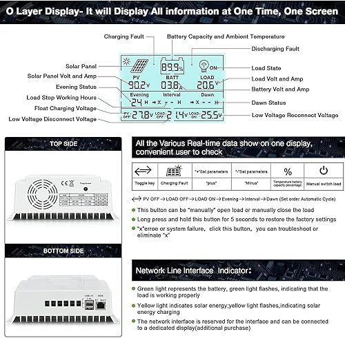 Vista 5 de Controlador de Carga MPPT 60 amperios 12V/24V Auto, Regulador de Carga de Panel Solar 60A con Pantalla LCD Retroiluminada Máxima 100V para Batería