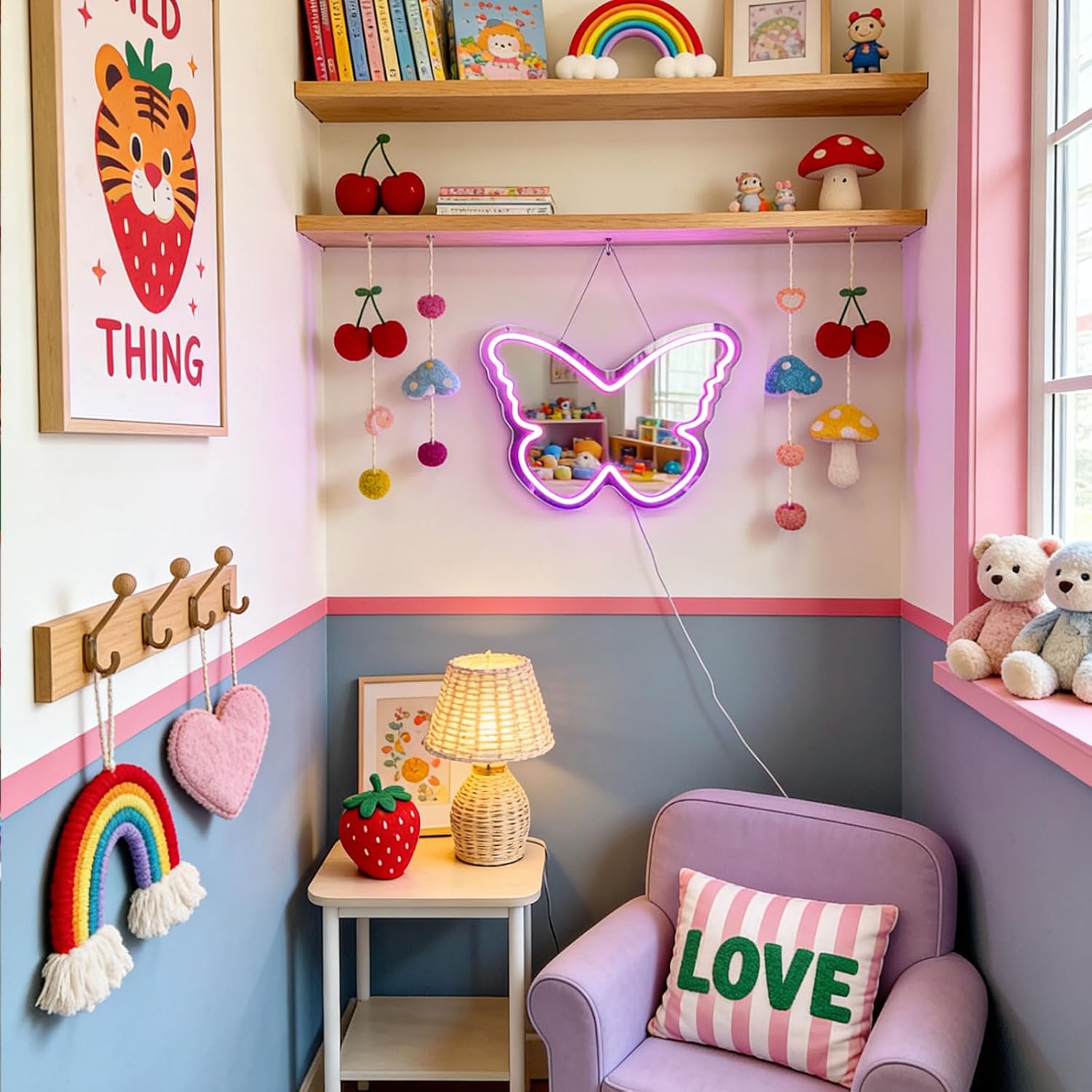 Butterfly Neon Sign with Mirror Backing - Dimmable LED Mirror Wall Decor for Girl's Bedroom, 16x12 Inch Glowing Purple Butterfly Vanity Mirror with Lights, USB Powered Kids Room Gift