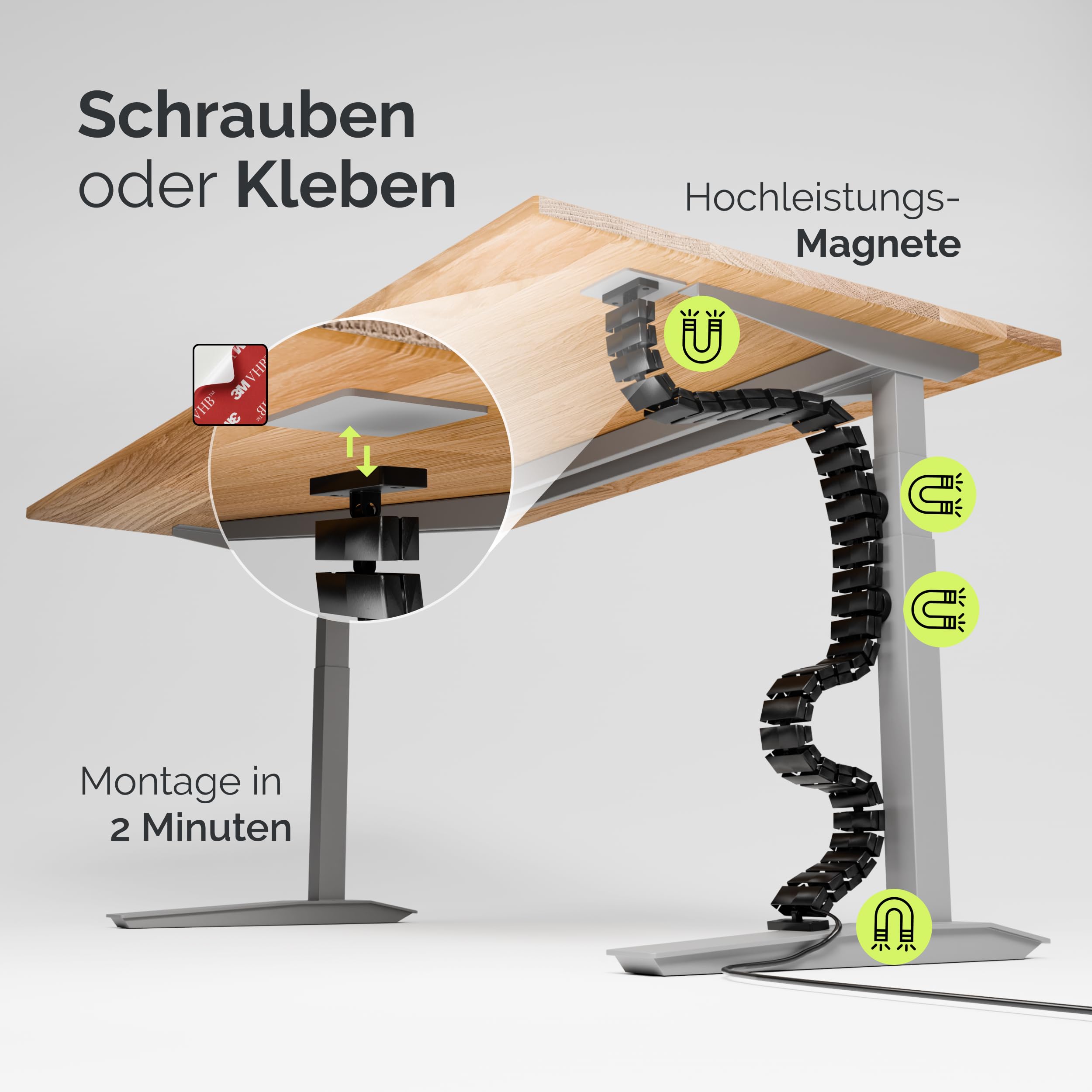 VALU Kabelführung Schreibtisch 128cm Flexibles Kabelmanagement mit Schraub- oder Klebemontage inkl. 4 Magnete & 3 Kabelhalter